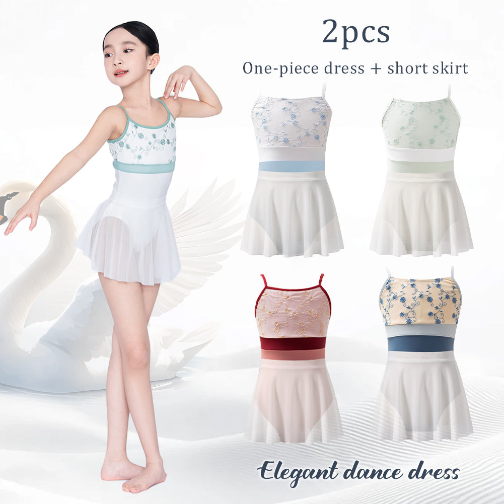 Girls’ Ballet Dancewear Camisole Leotard Mesh Skirt 2-Piece Set