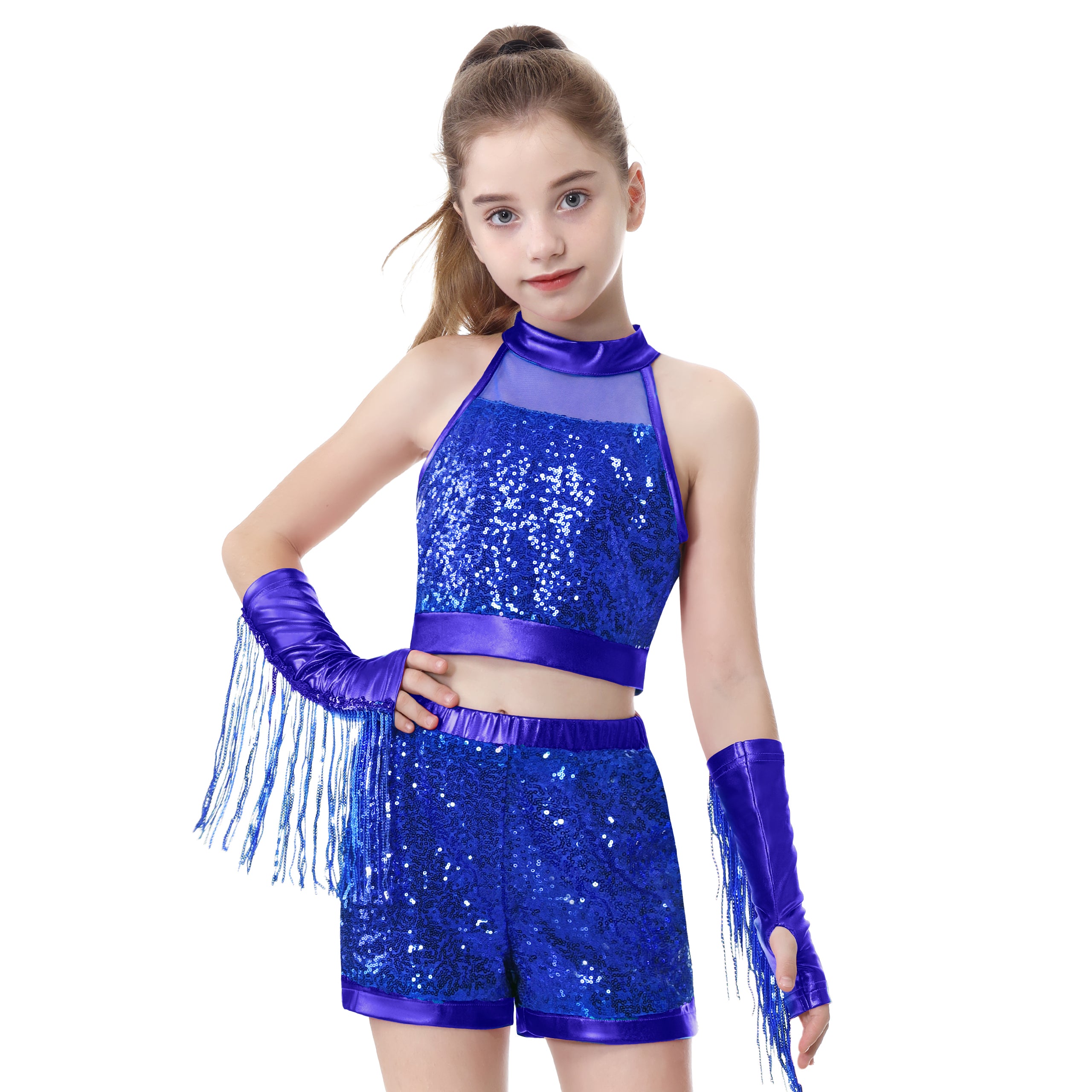 Girls’ Sequin Dance Outfit Crop Sequin Top Metallic Shorts with Tassel Arm Sleeves