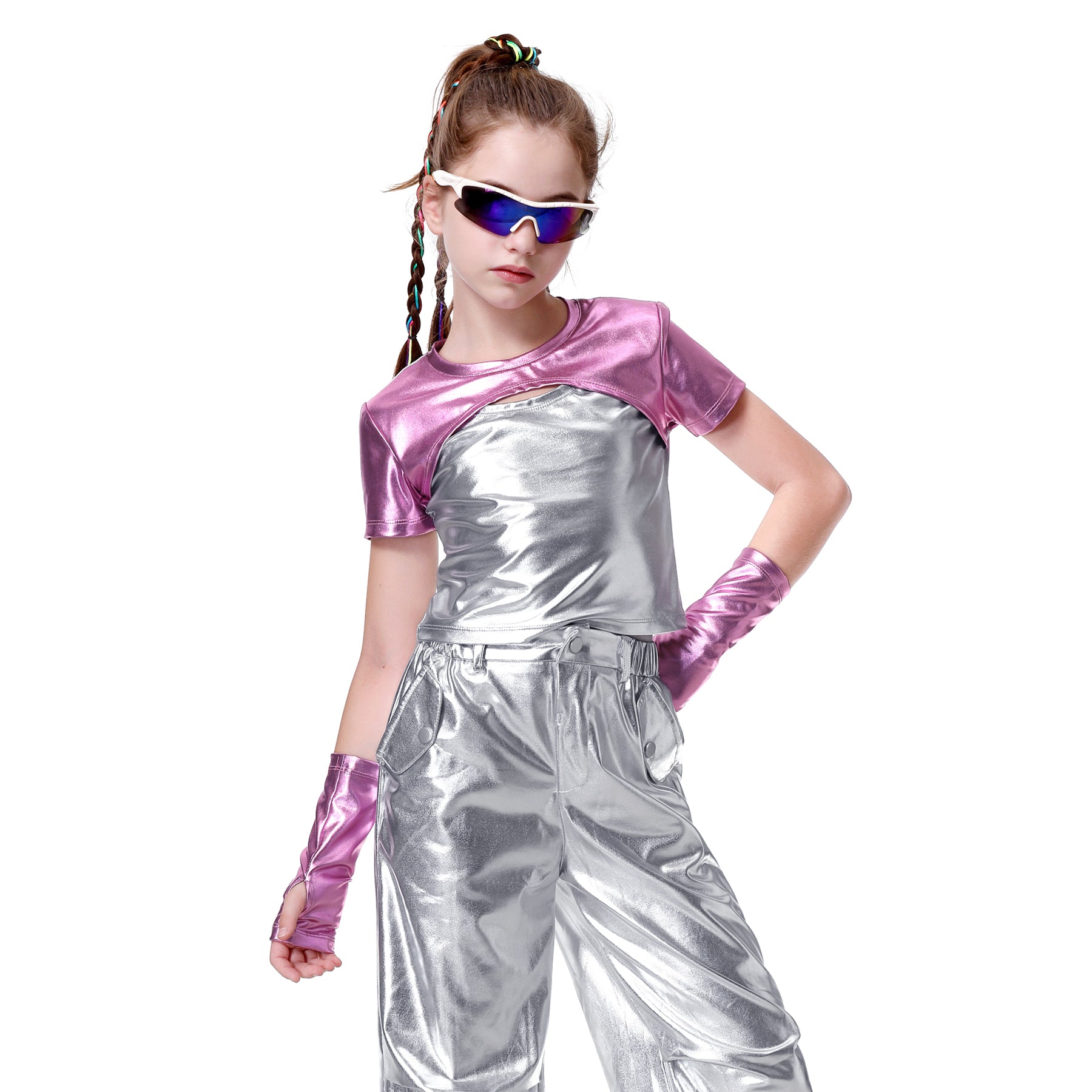 Girls Metallic Shirts with Arm Sleeves Slim Fit Stretchy Shiny Hip Hop Dance Top