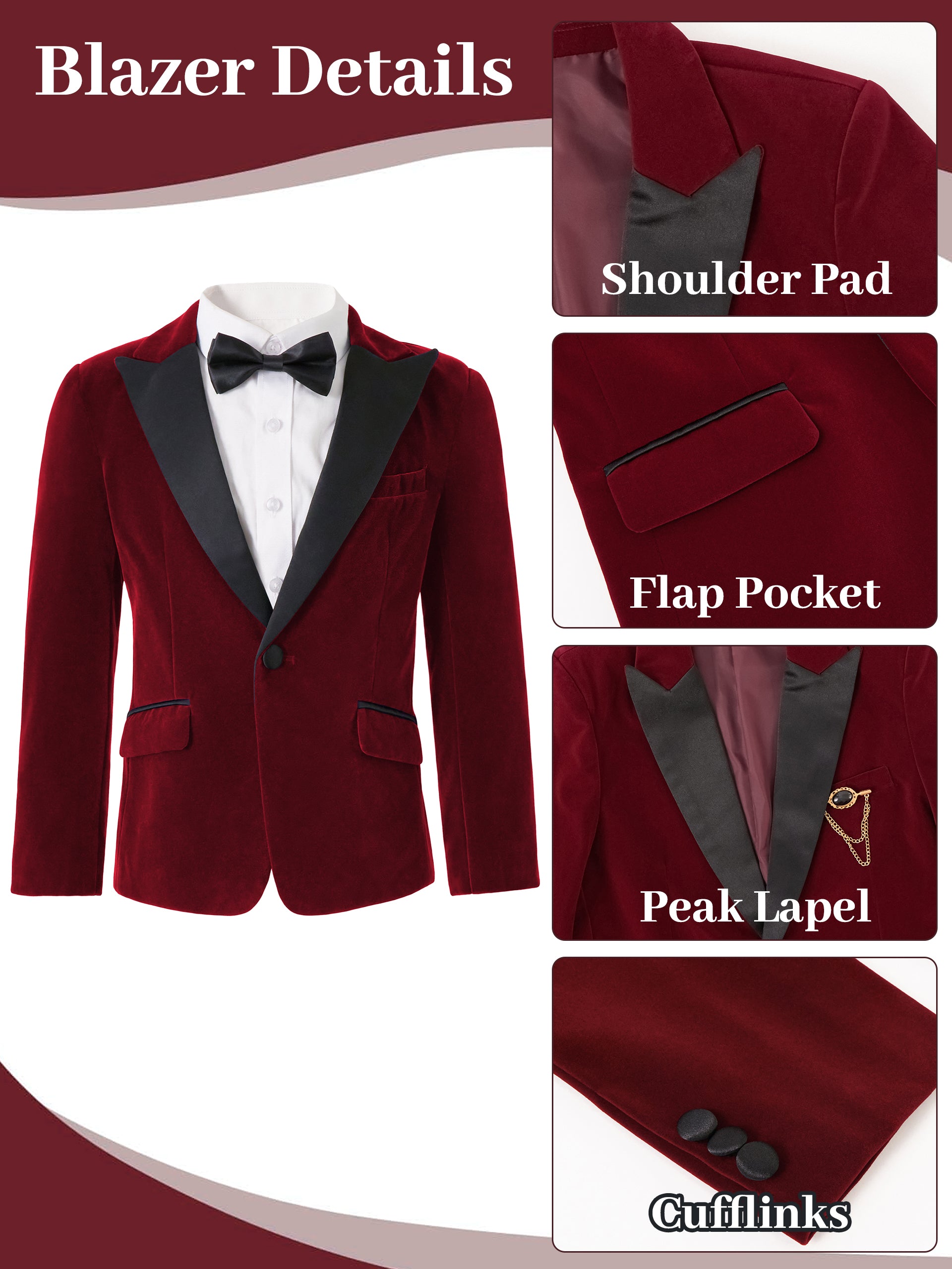 Boys 4 Piece Velvet Suit Formal Tuxedo Kids Slim Fit Blazer Dress Shirt Pants Outfit