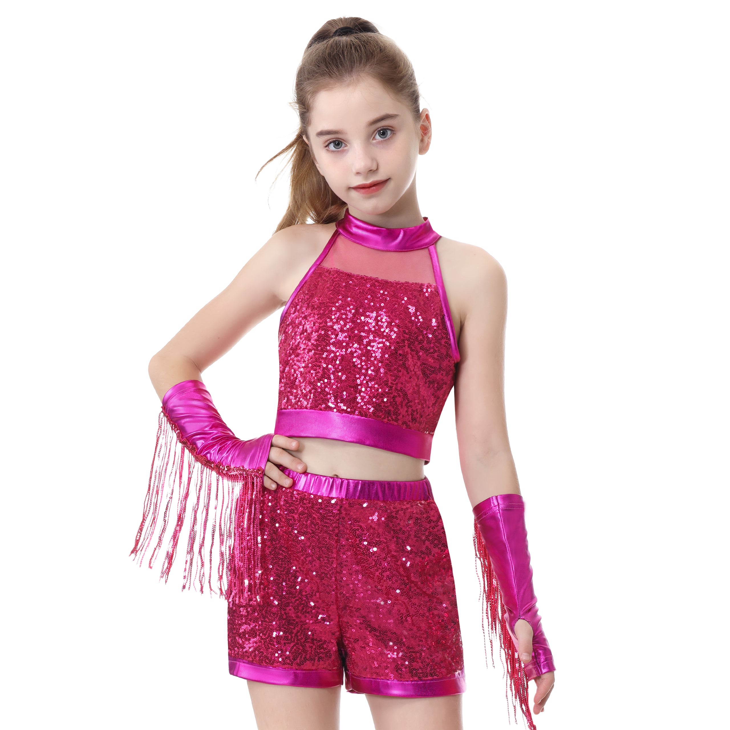 Girls’ Sequin Dance Outfit Crop Sequin Top Metallic Shorts with Tassel Arm Sleeves