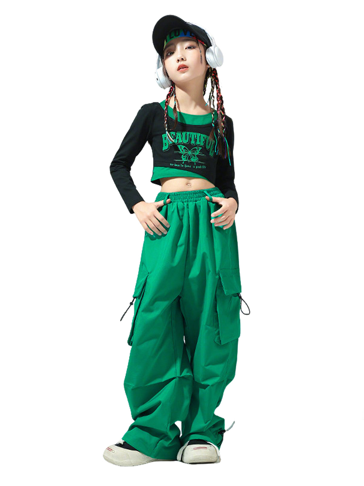 Girls 2 Piece Hip Hop Dance Outfits Long Sleeve Crop Top Cargo Pants Set