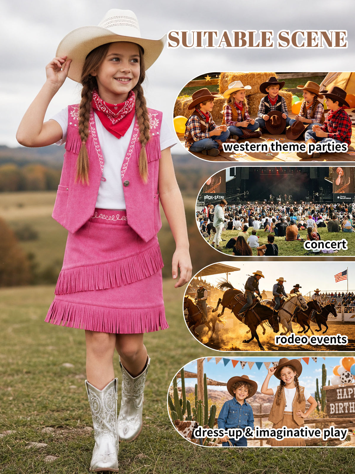 Cowgirl Outfits for Girls, Boho Western Fringe Vest Skirt 2Pcs Set
