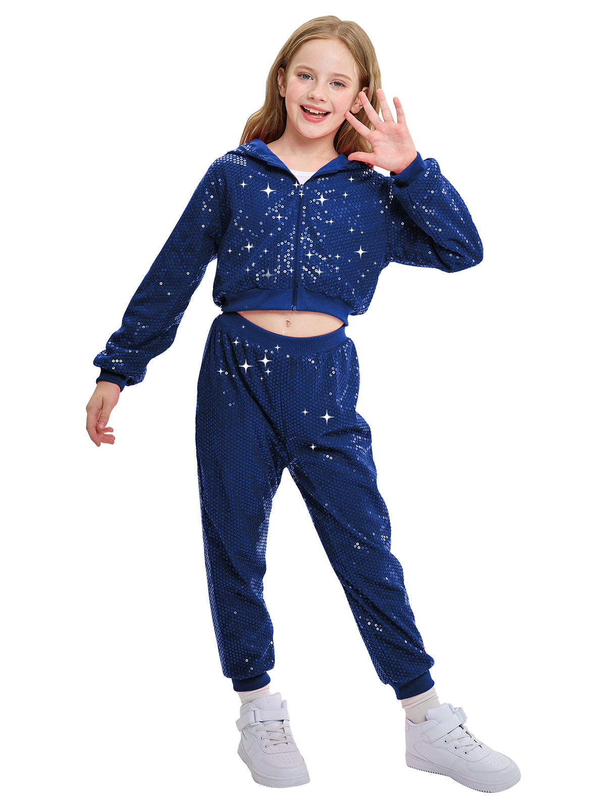 Girls 2Pcs Cropped Sequin Jacket Pants Set Hip Hop Dance Costumes