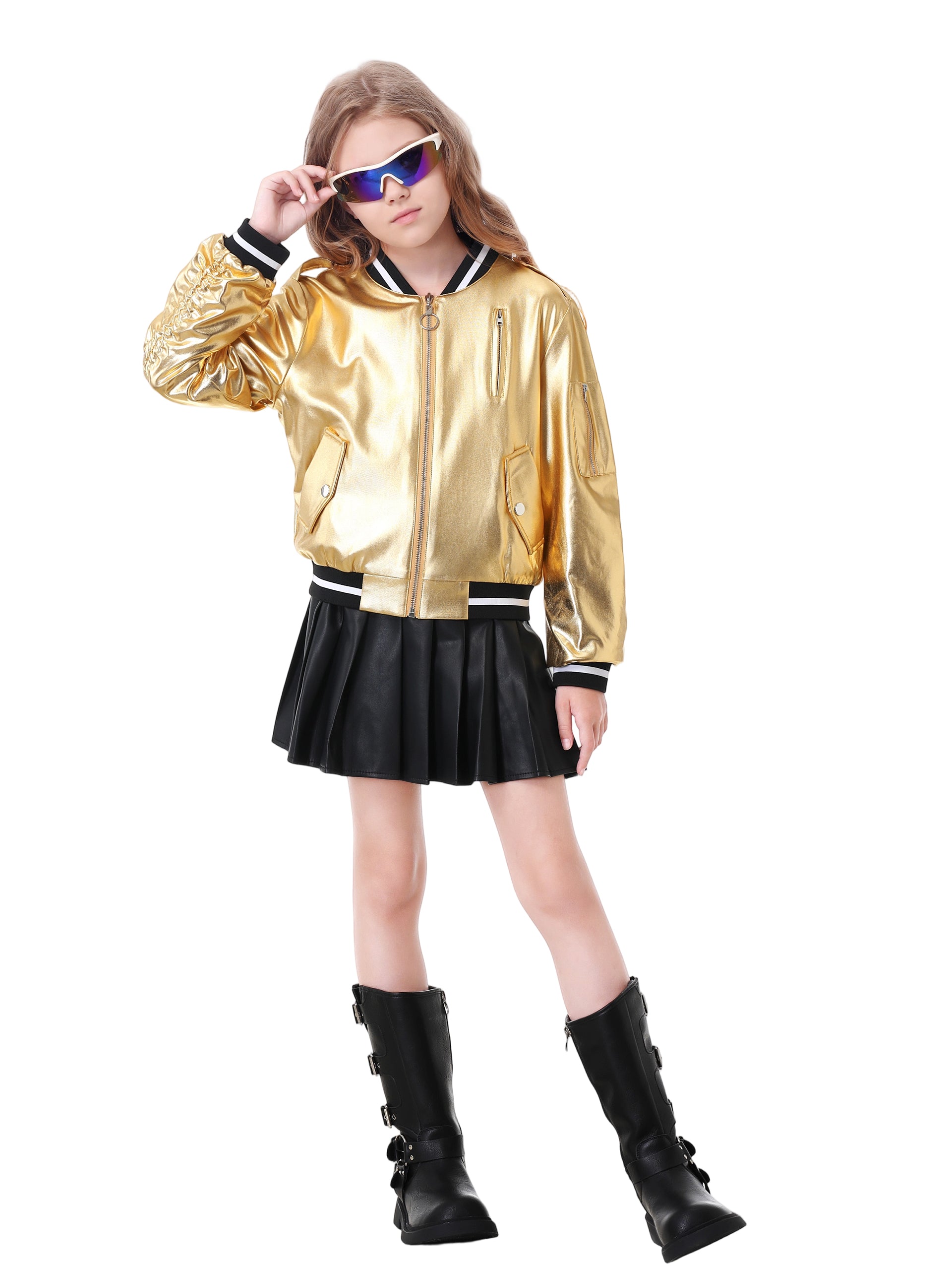 Kids Metallic Shiny Jacket Lightweight Y2K Disco Streetwear Girls Bomber Jacket