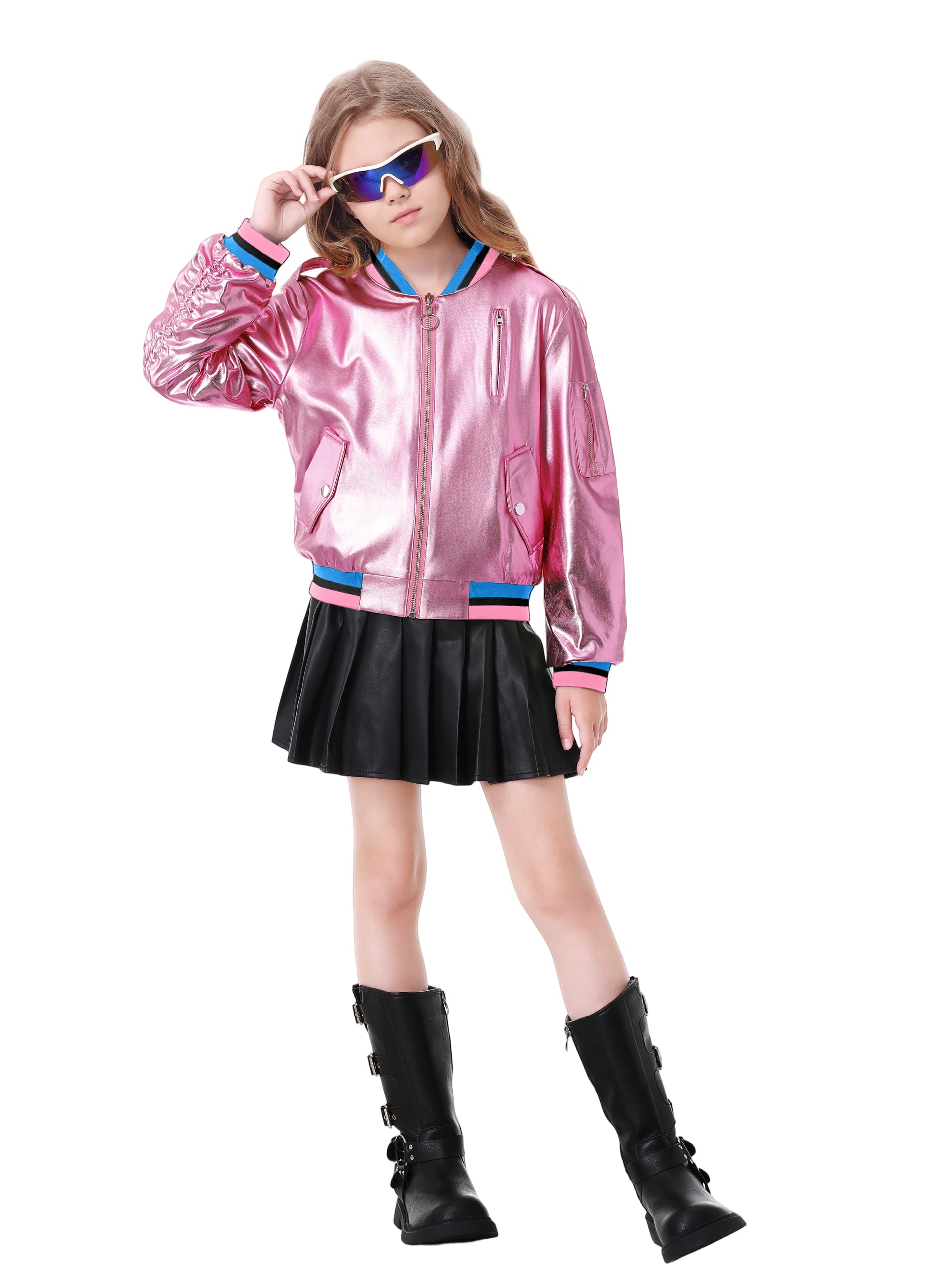Kids Metallic Shiny Jacket Lightweight Y2K Disco Streetwear Girls Bomber Jacket