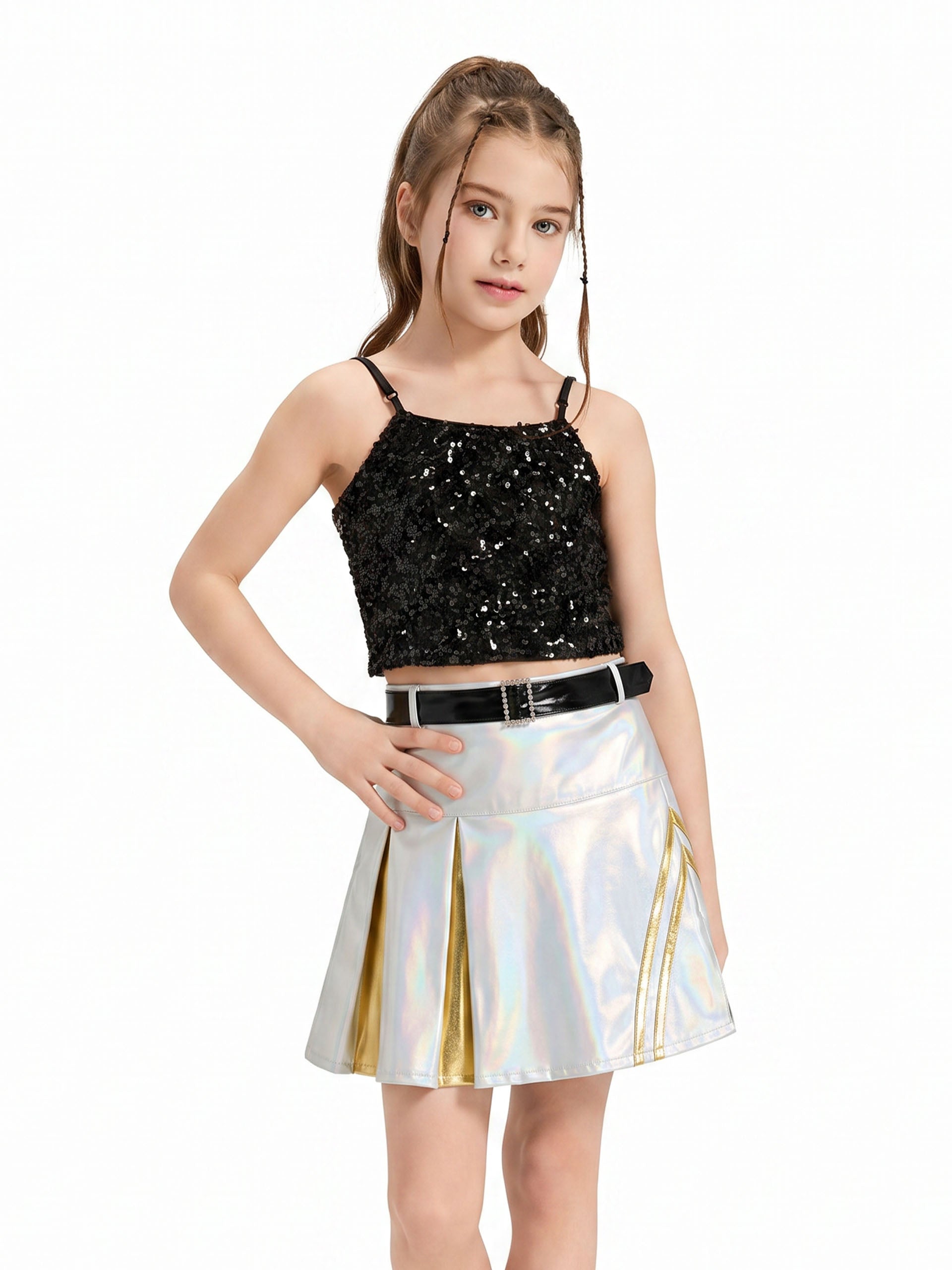 Girls 3Pcs Pleated Metallic Skirt with Shorts, Detachable Belt