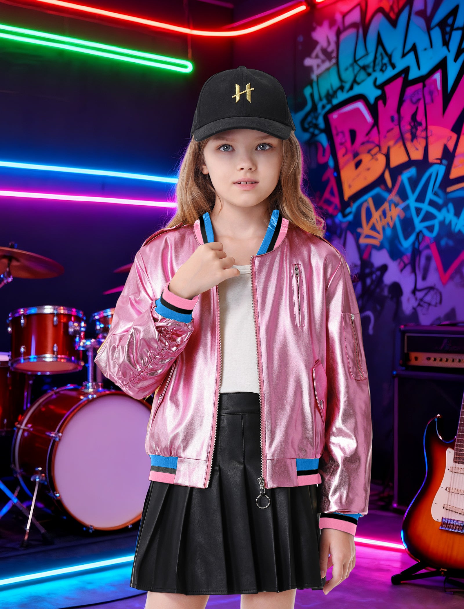 Kids Metallic Shiny Jacket Lightweight Y2K Disco Streetwear Girls Bomber Jacket