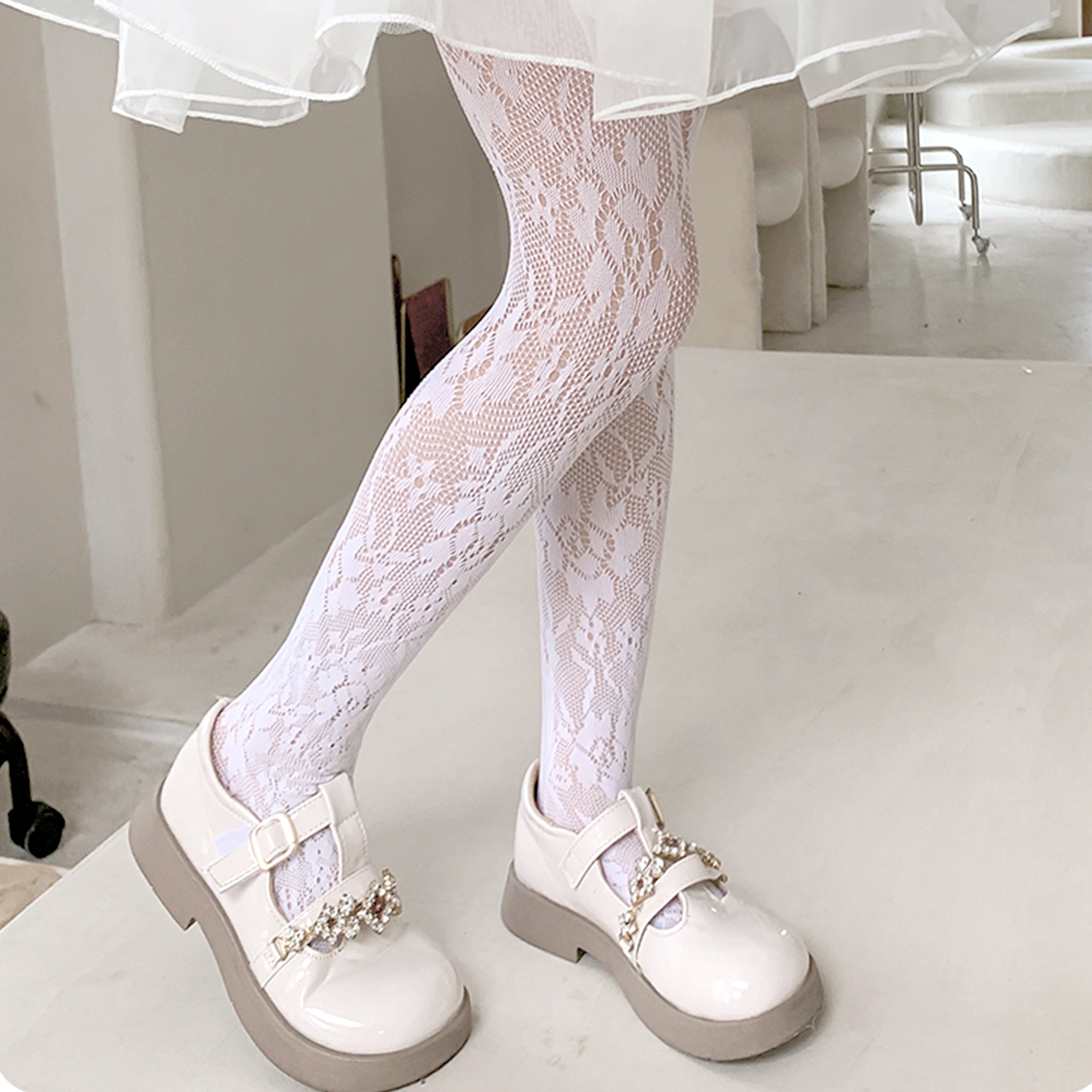 Girls Lace Tights Kids Sheer Patterned Fishnet Stockings 2 Pack Hollow Dance Pantyhose