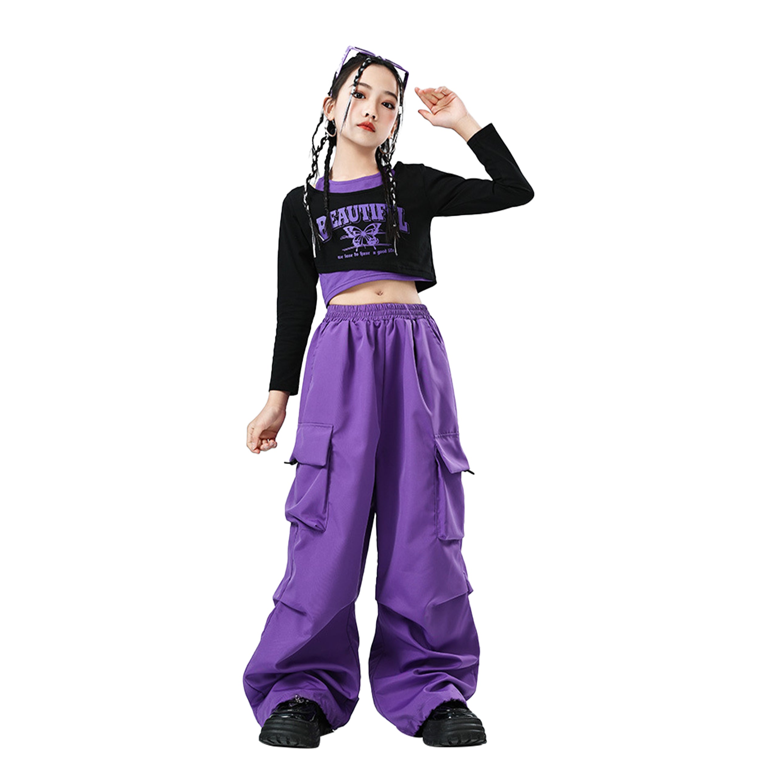 Girls 2 Piece Hip Hop Dance Outfits Long Sleeve Crop Top Cargo Pants Set