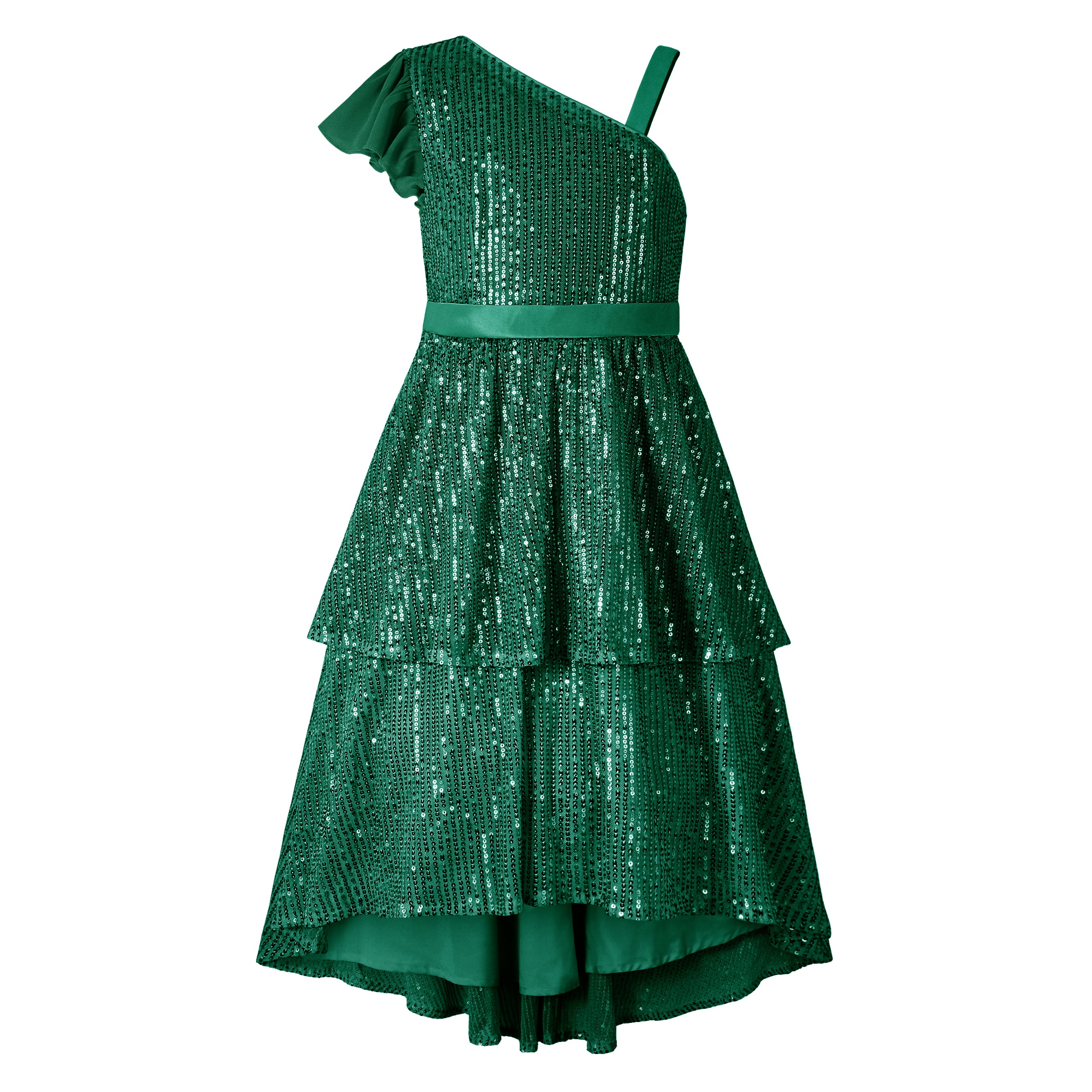 Girls Sequin Dress One Shoulder Layered Sparkle High Low Dresses