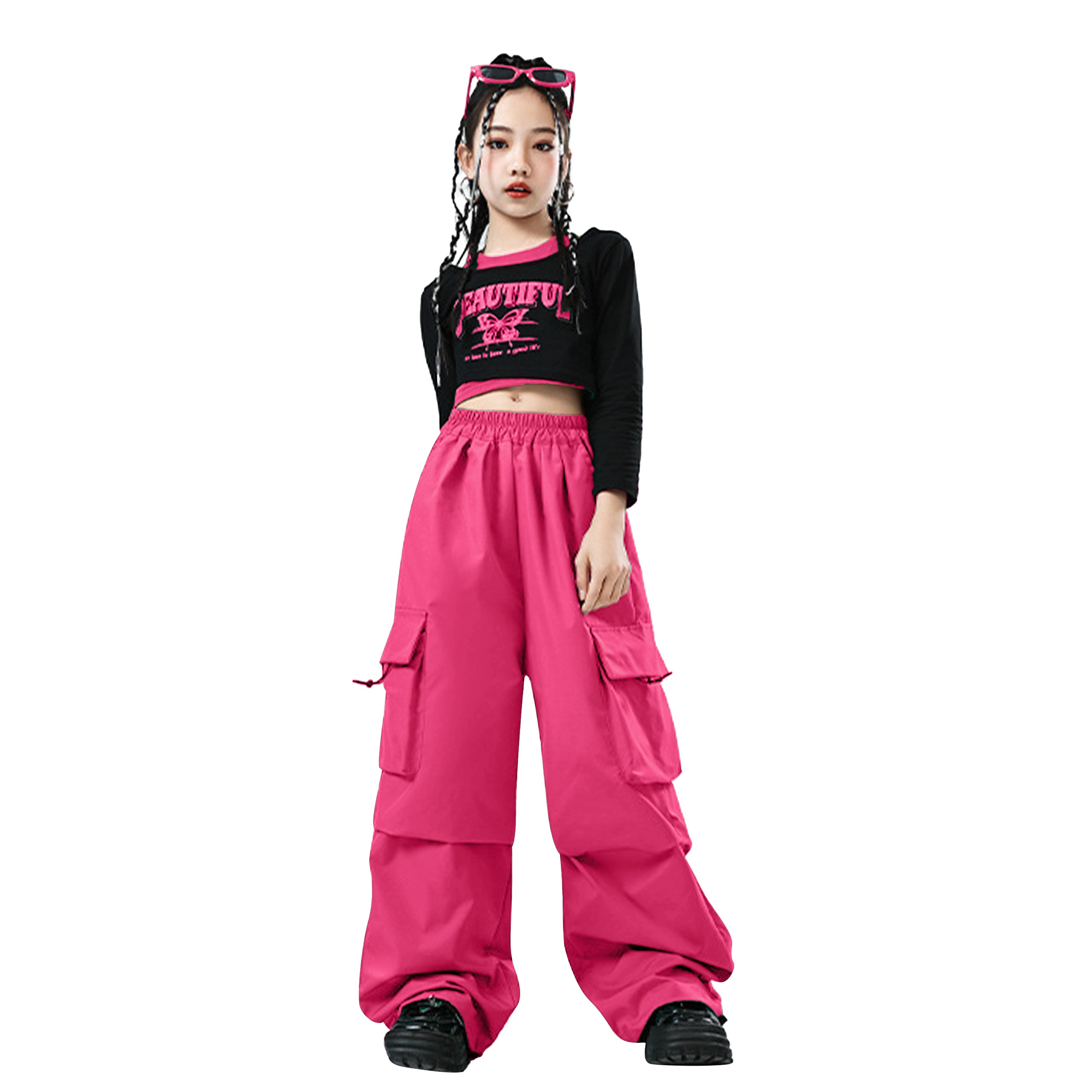 Girls 2 Piece Hip Hop Dance Outfits Long Sleeve Crop Top Cargo Pants Set