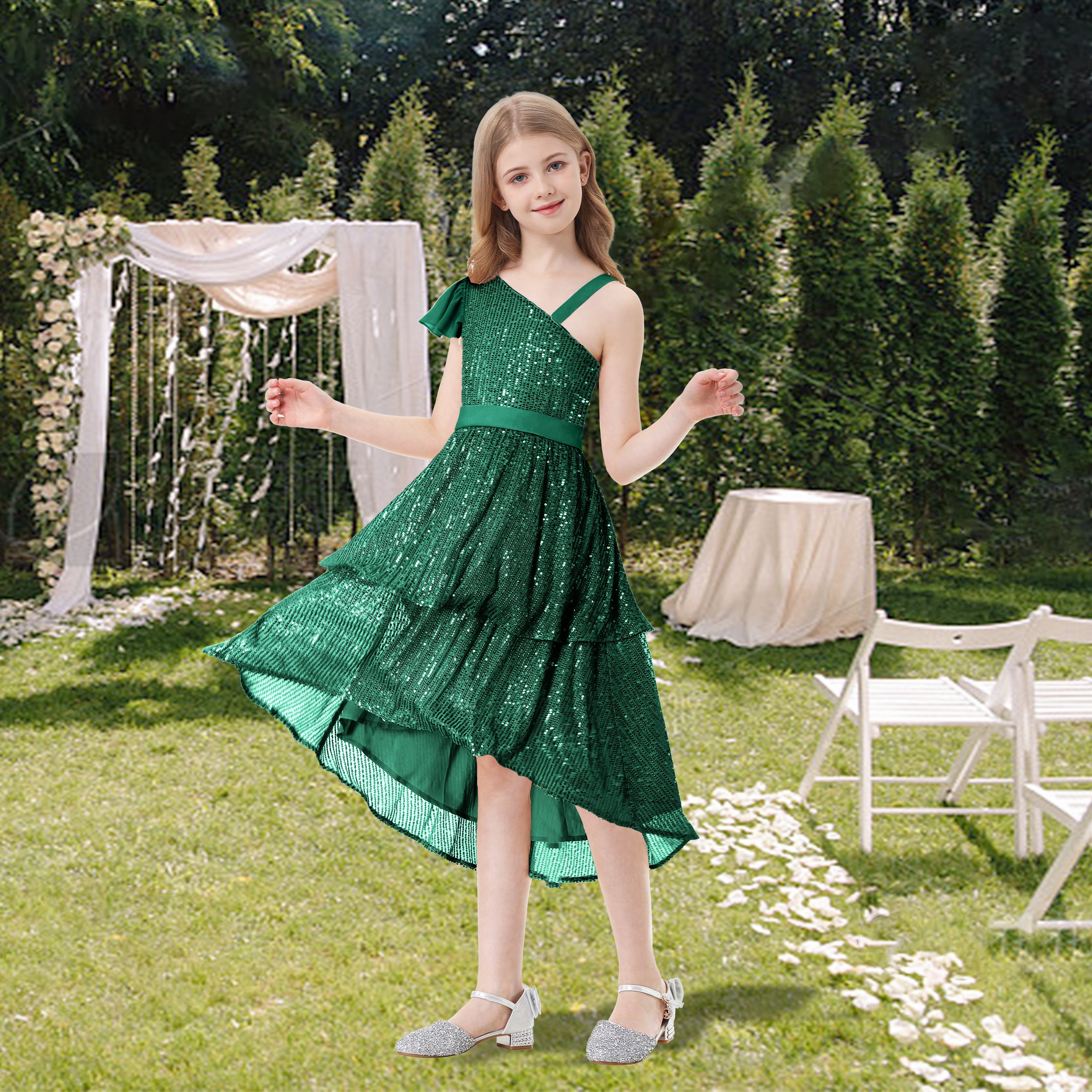 Girls Sequin Dress One Shoulder Layered Sparkle High Low Dresses