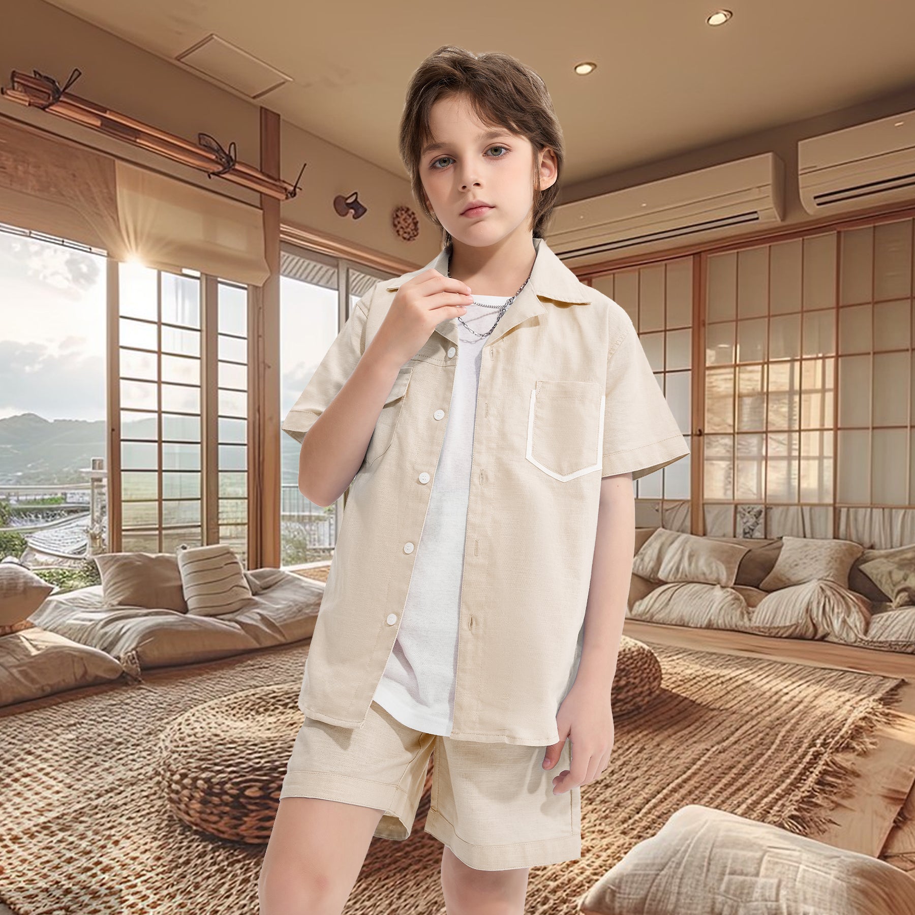 Boys 2 Pieces Linen Set kids Summer Vacation Outfits