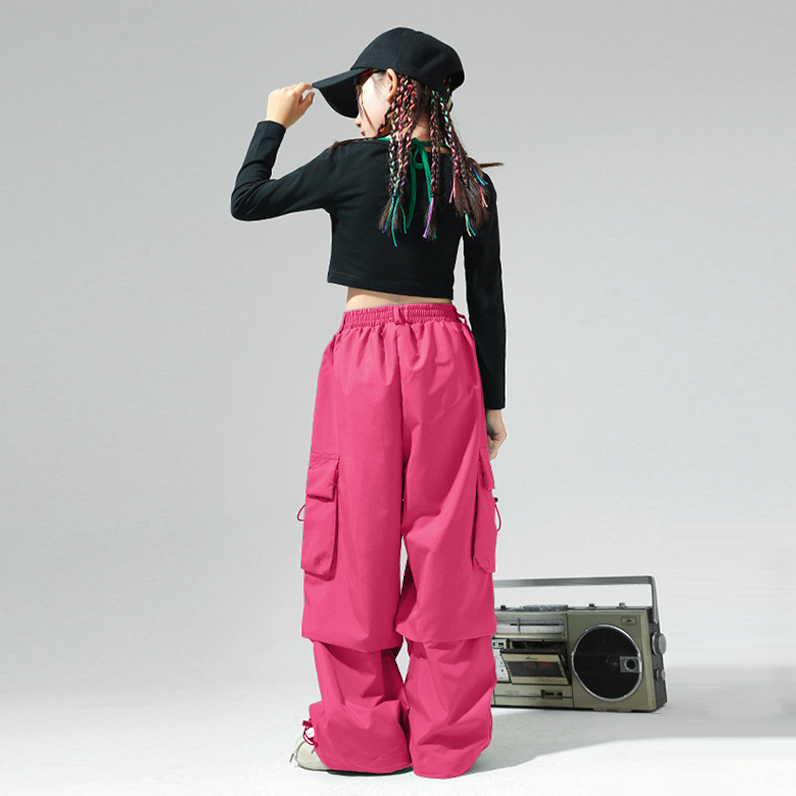 Girls 2 Piece Hip Hop Dance Outfits Long Sleeve Crop Top Cargo Pants Set