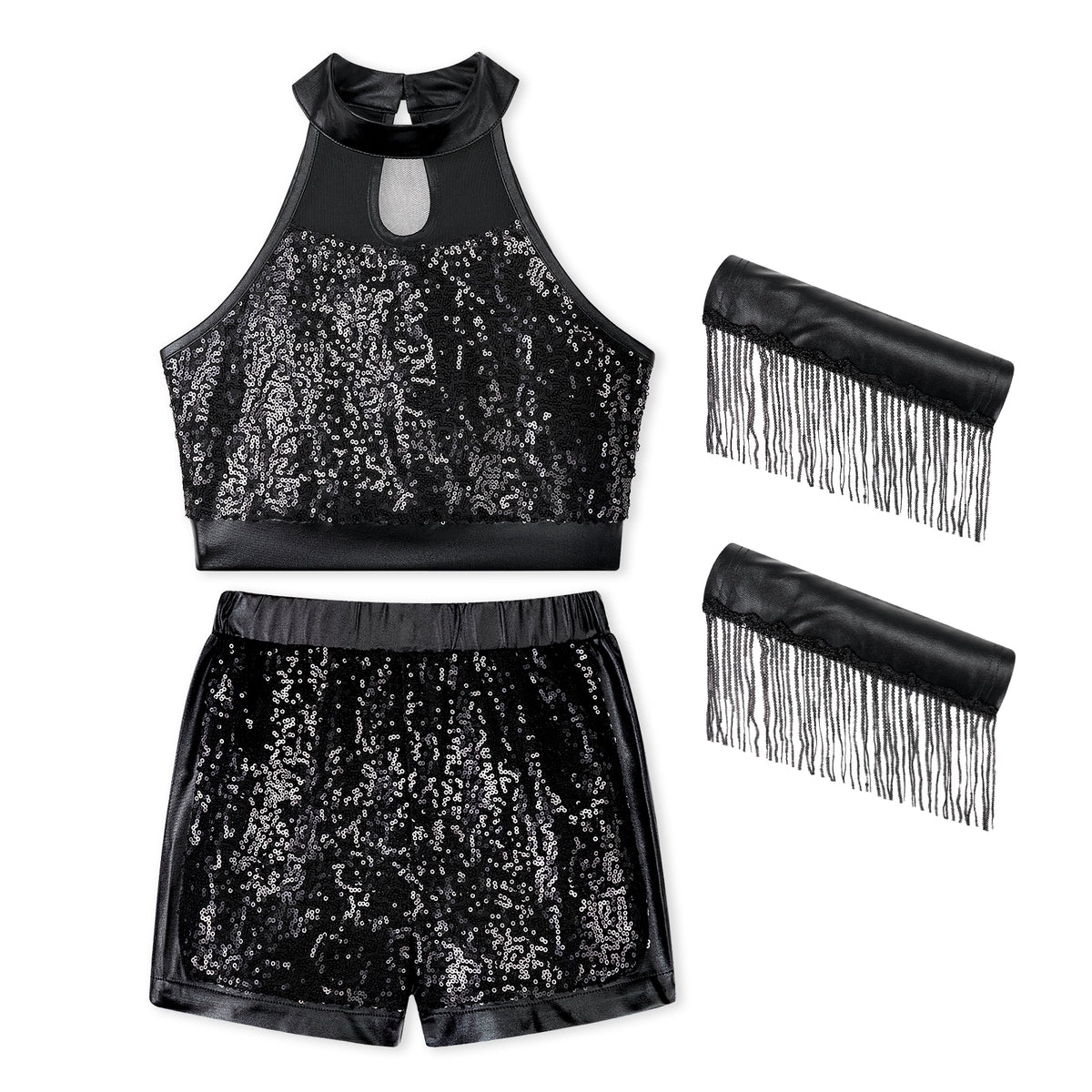 Girls’ Sequin Dance Outfit Crop Sequin Top Metallic Shorts with Tassel Arm Sleeves