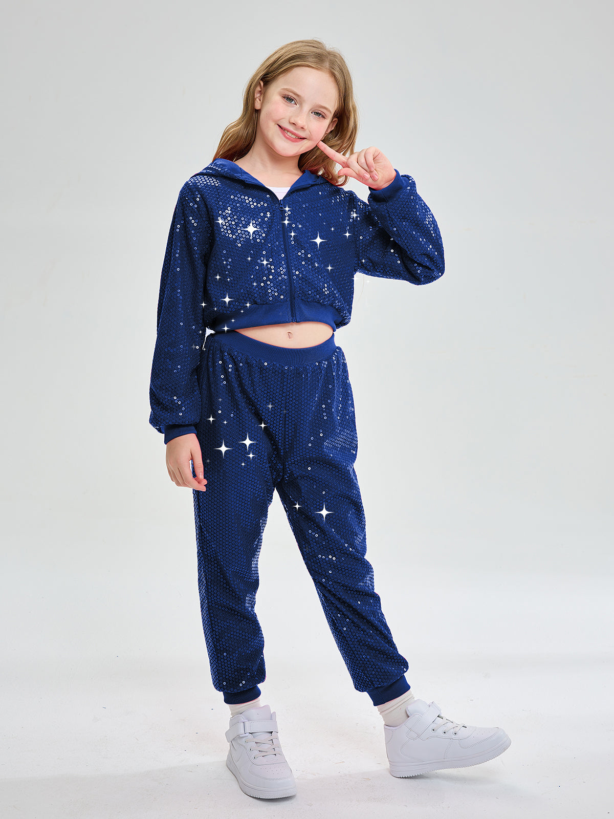 Girls 2Pcs Cropped Sequin Jacket Pants Set Hip Hop Dance Costumes
