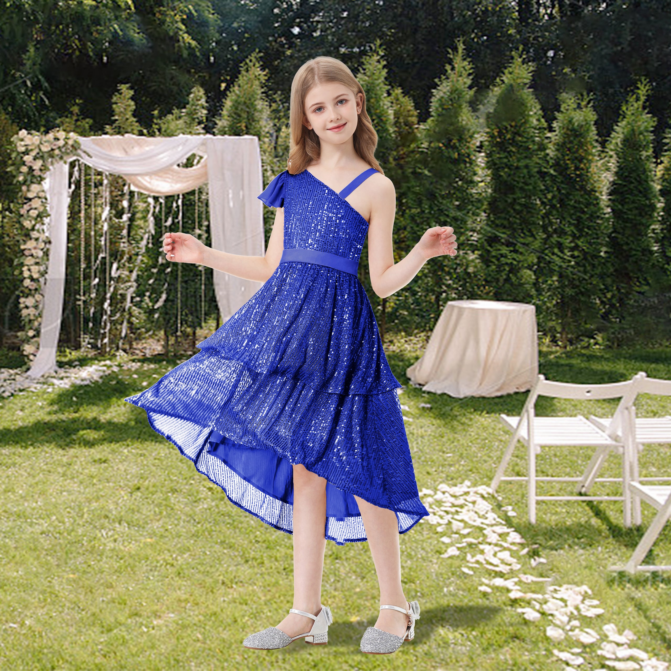 Girls Sequin Dress One Shoulder Layered Sparkle High Low Dresses
