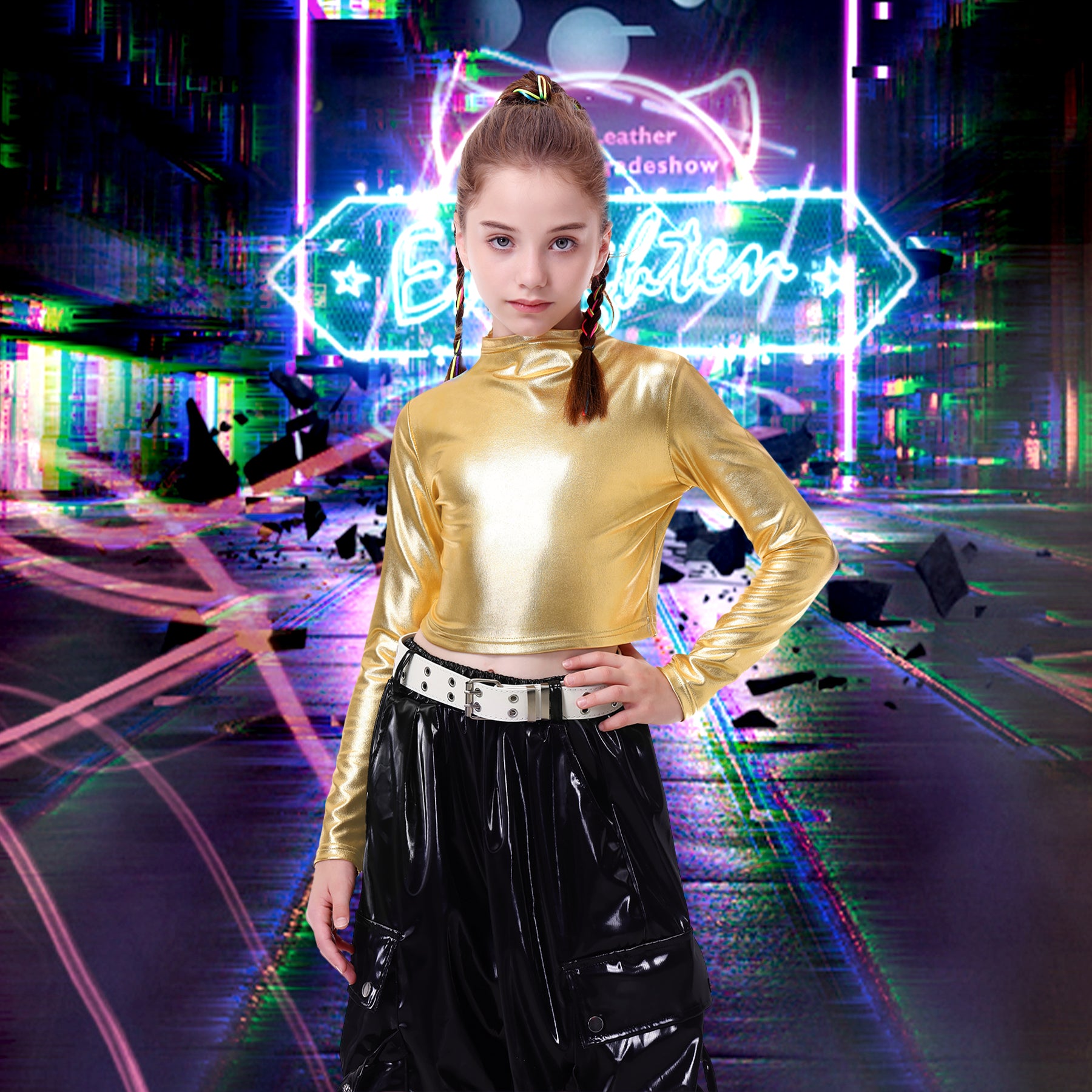 Metallic Dance Tops for Girls Long Sleeve Cropped Top