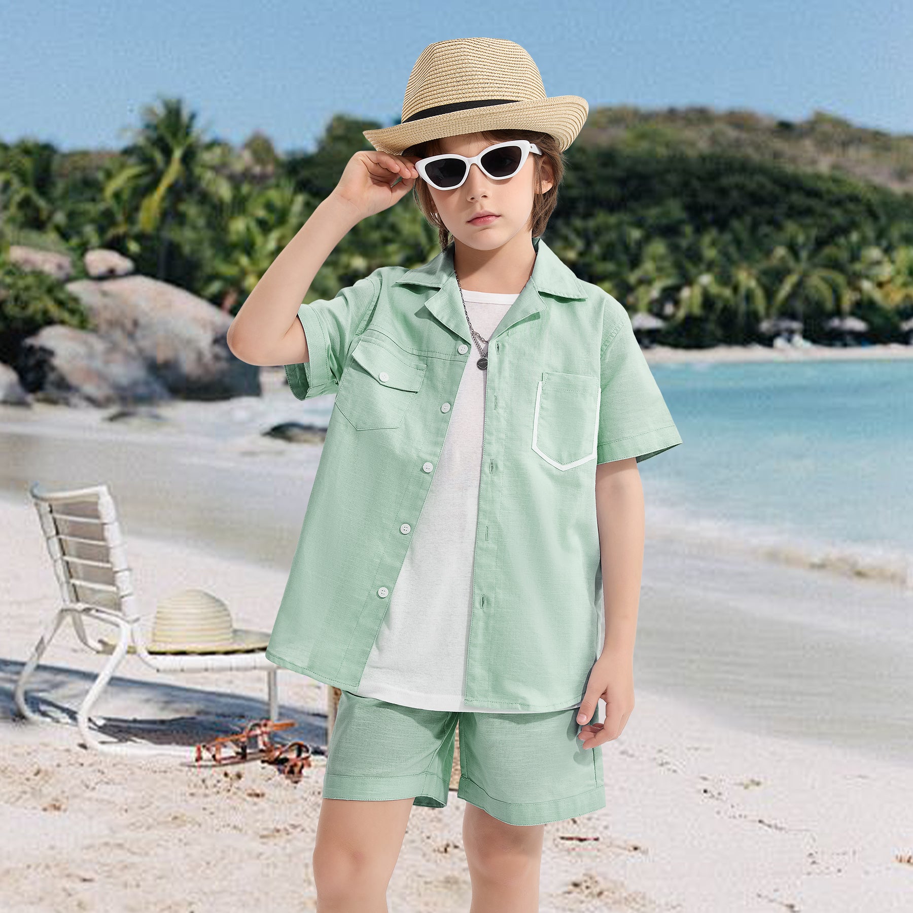 Boys 2 Pieces Linen Set kids Summer Vacation Outfits