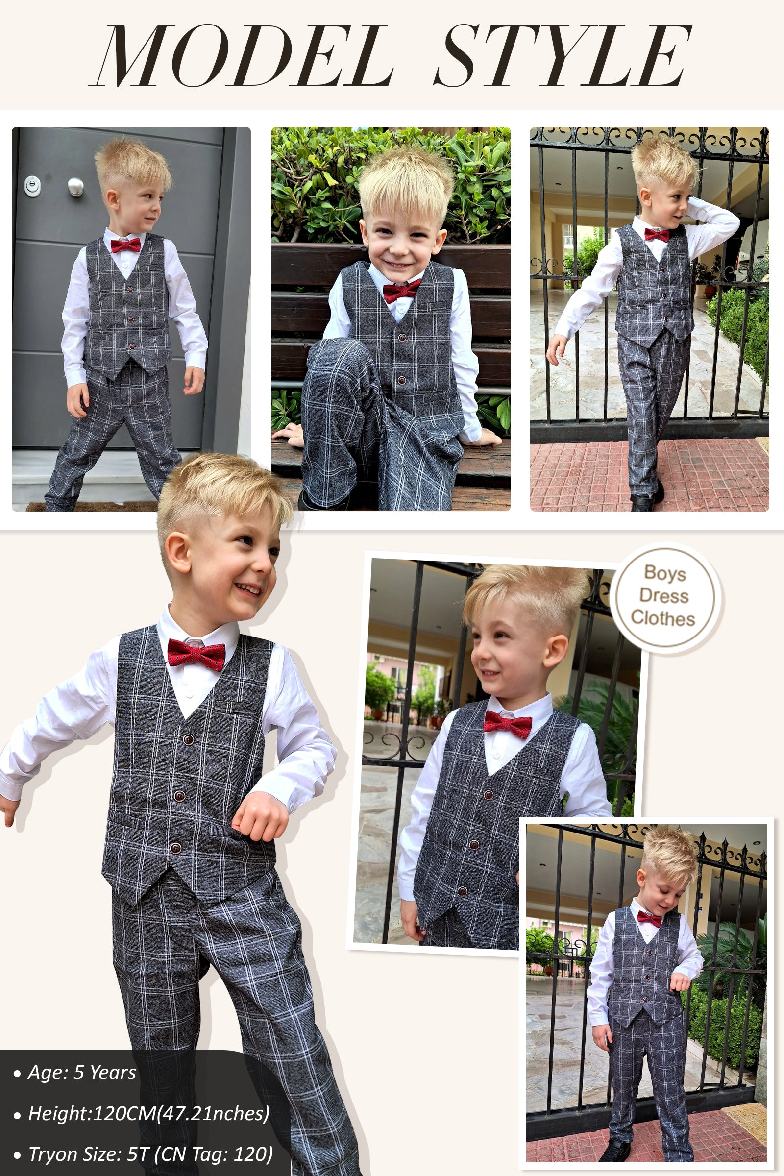 Boys Vest Pants Set Plaid Dress Suit with Shirt