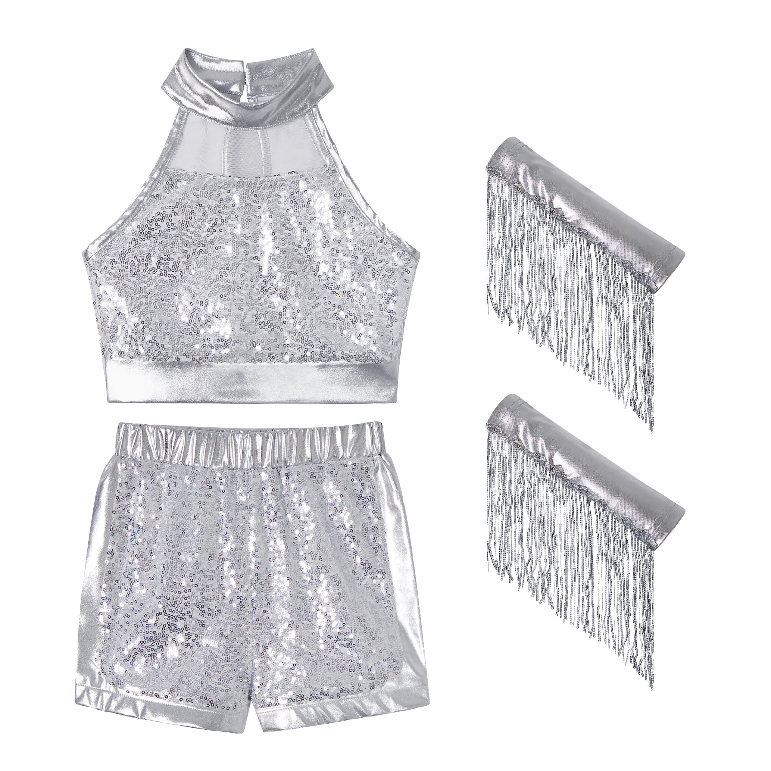 Girls’ Sequin Dance Outfit Crop Sequin Top Metallic Shorts with Tassel Arm Sleeves