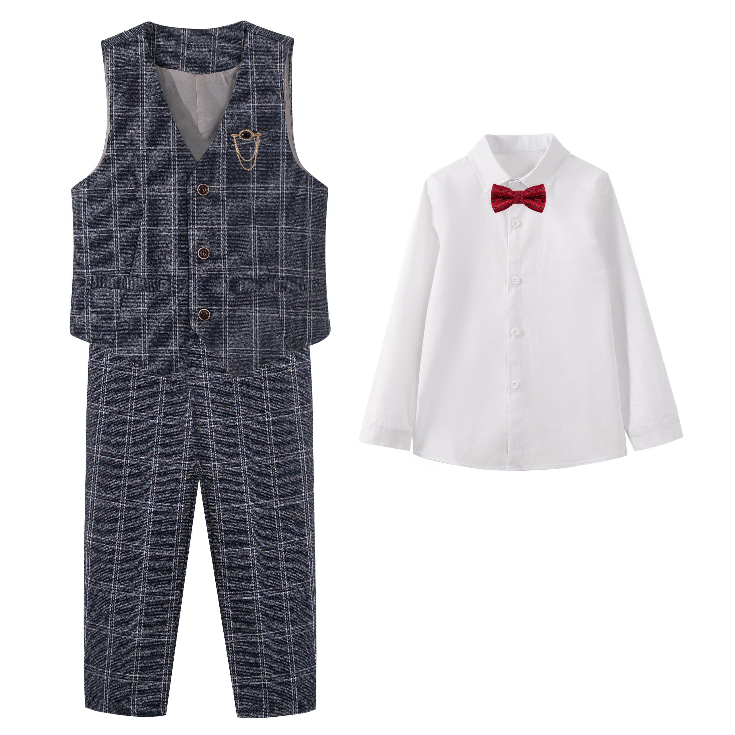Boys Vest Pants Set Plaid Dress Suit with Shirt