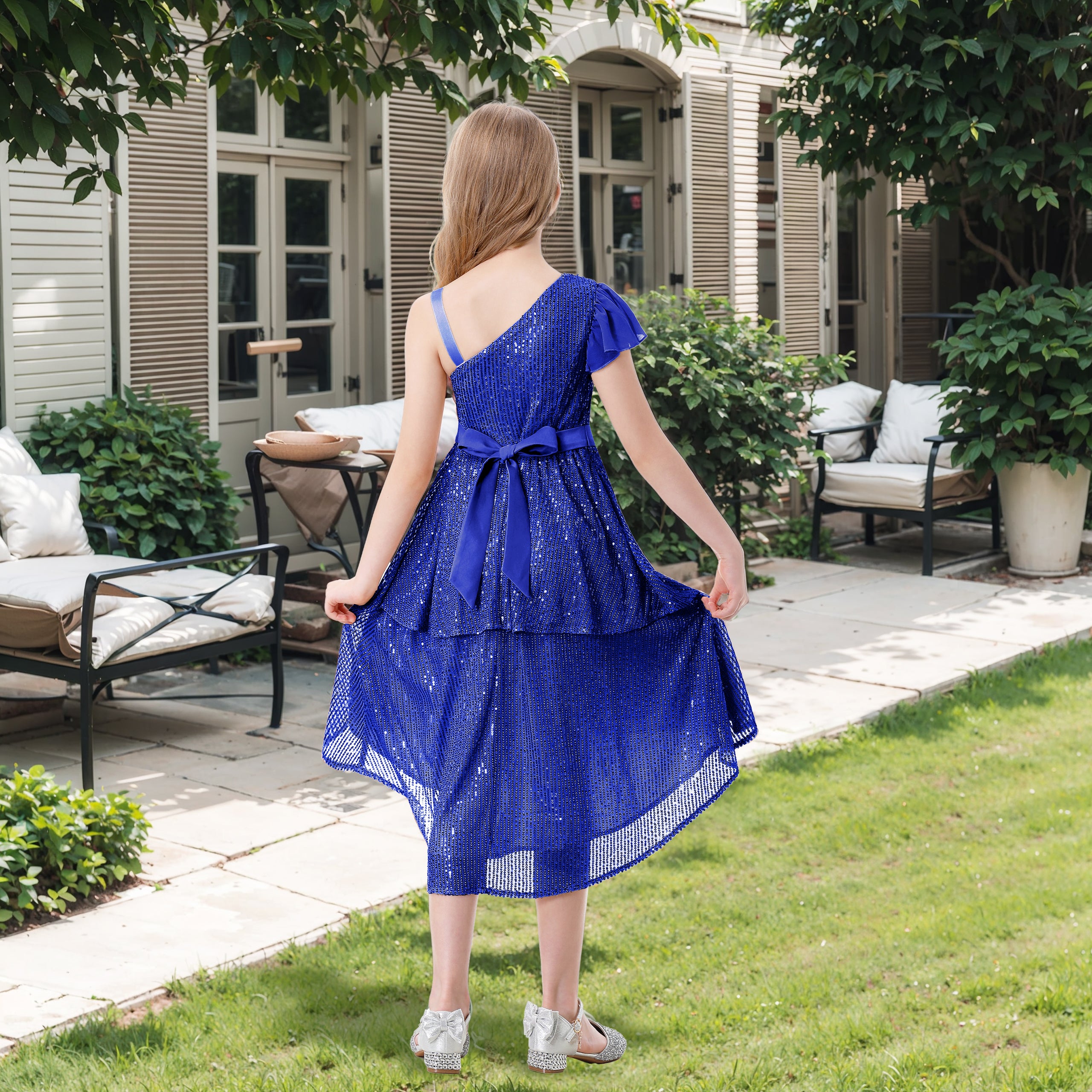 Girls Sequin Dress One Shoulder Layered Sparkle High Low Dresses