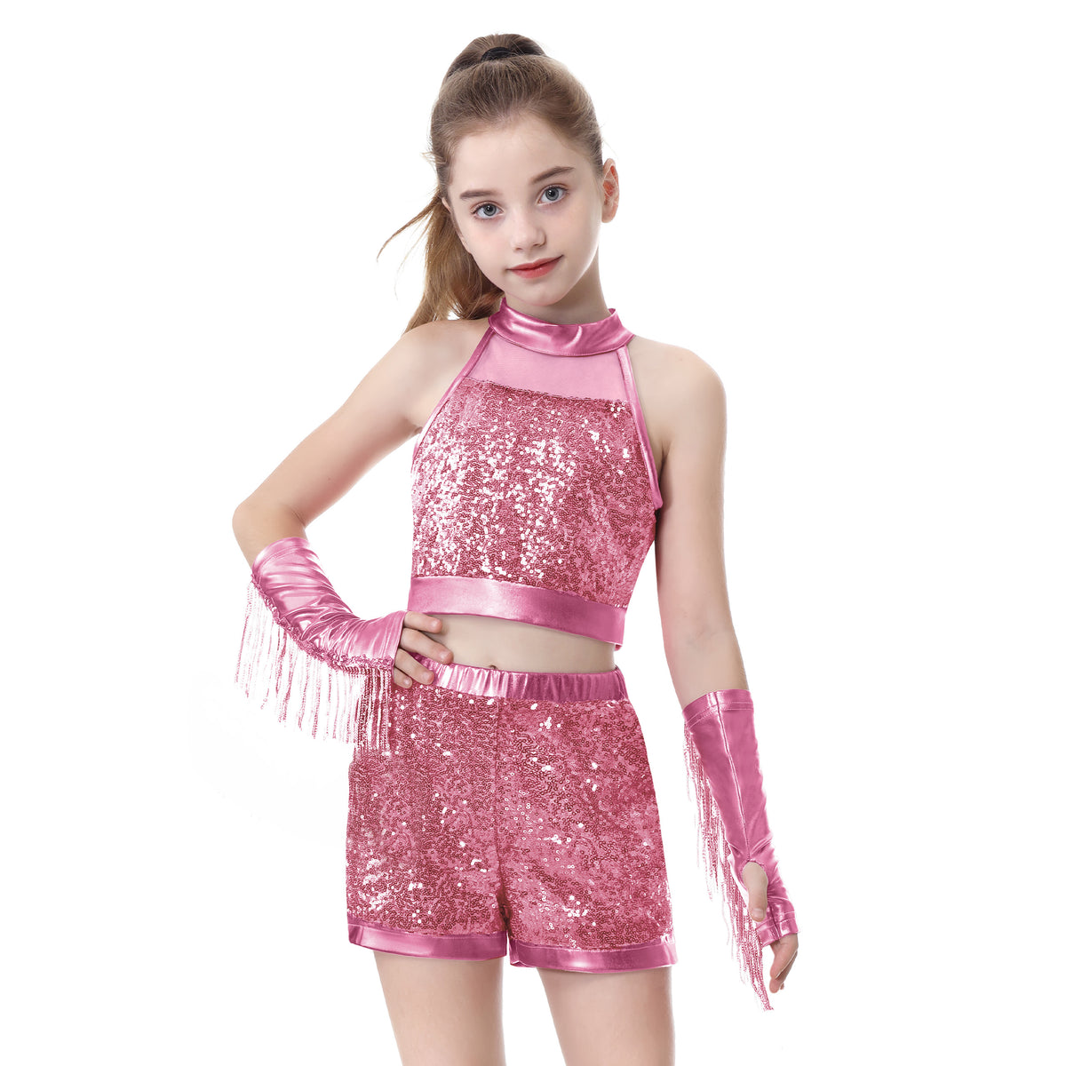 Girls’ Sequin Dance Outfit Crop Sequin Top Metallic Shorts with Tassel Arm Sleeves