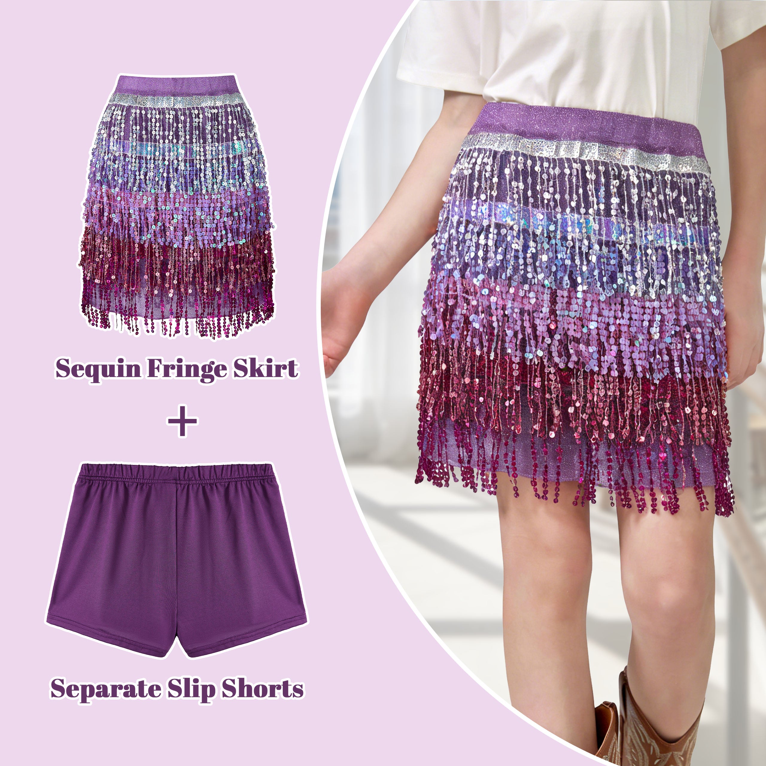 Girls Sequin Fringe Skirts Sparkle