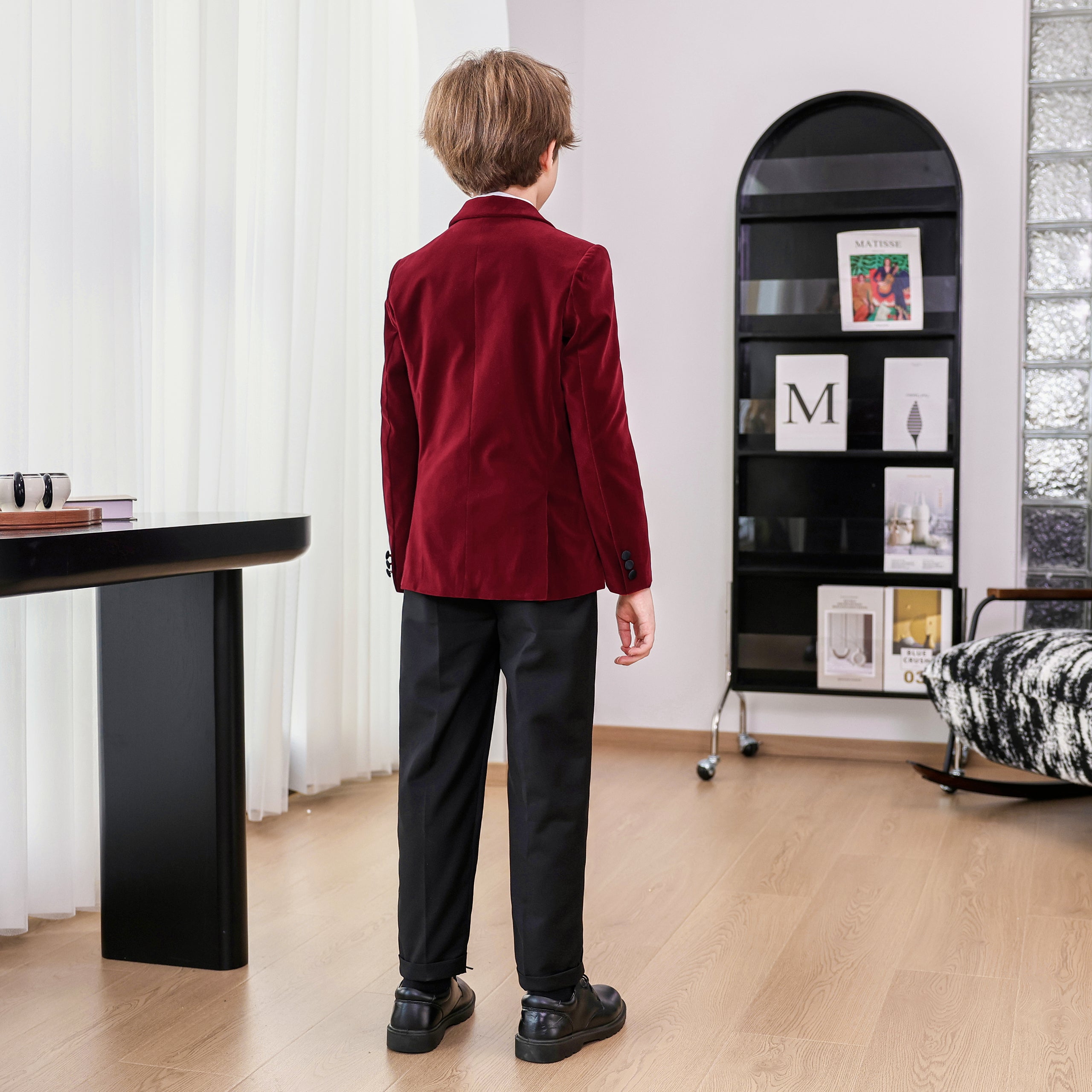 Boys 4 Piece Velvet Suit Formal Tuxedo Kids Slim Fit Blazer Dress Shirt Pants Outfit