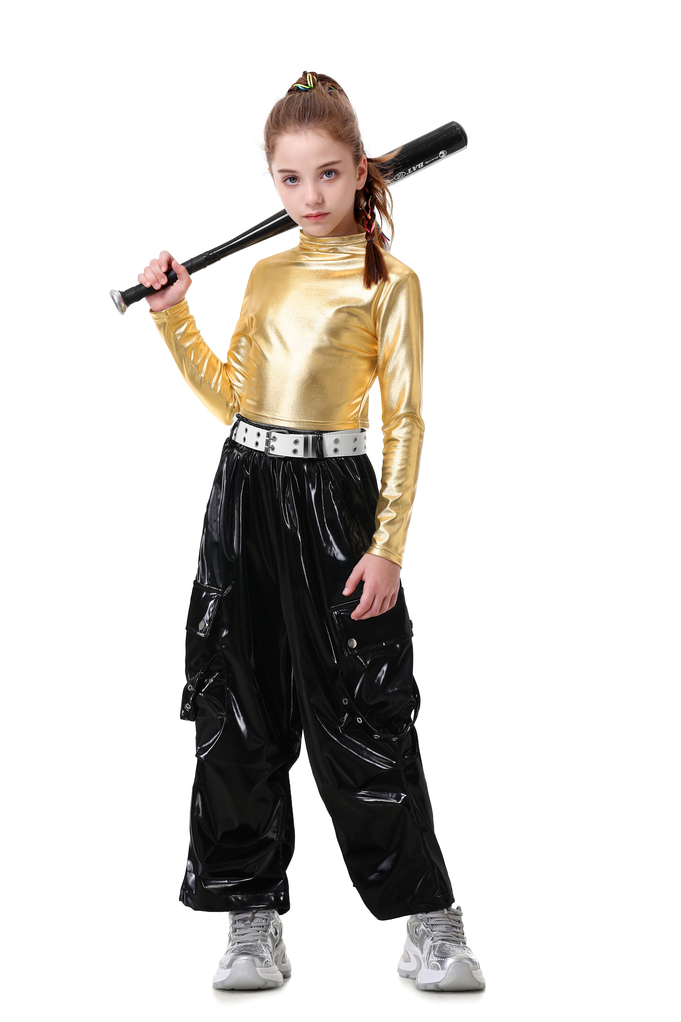 Metallic Dance Tops for Girls Long Sleeve Cropped Top