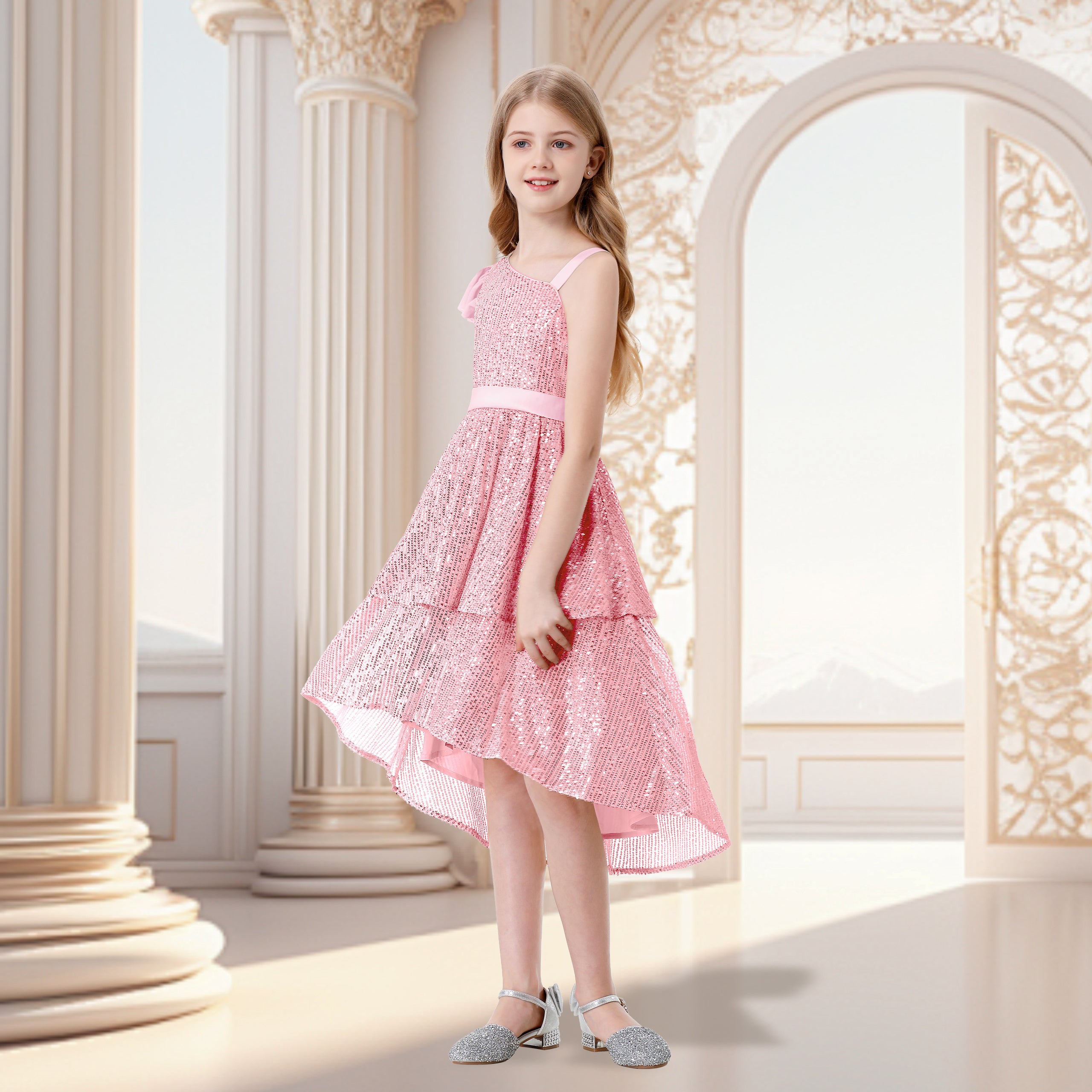 Girls Sequin Dress One Shoulder Layered Sparkle High Low Dresses