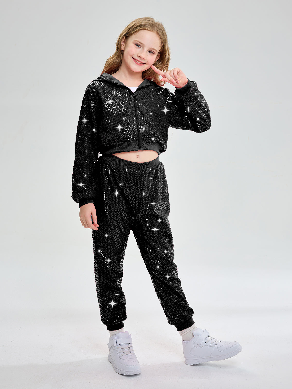 Girls 2Pcs Cropped Sequin Jacket Pants Set Hip Hop Dance Costumes
