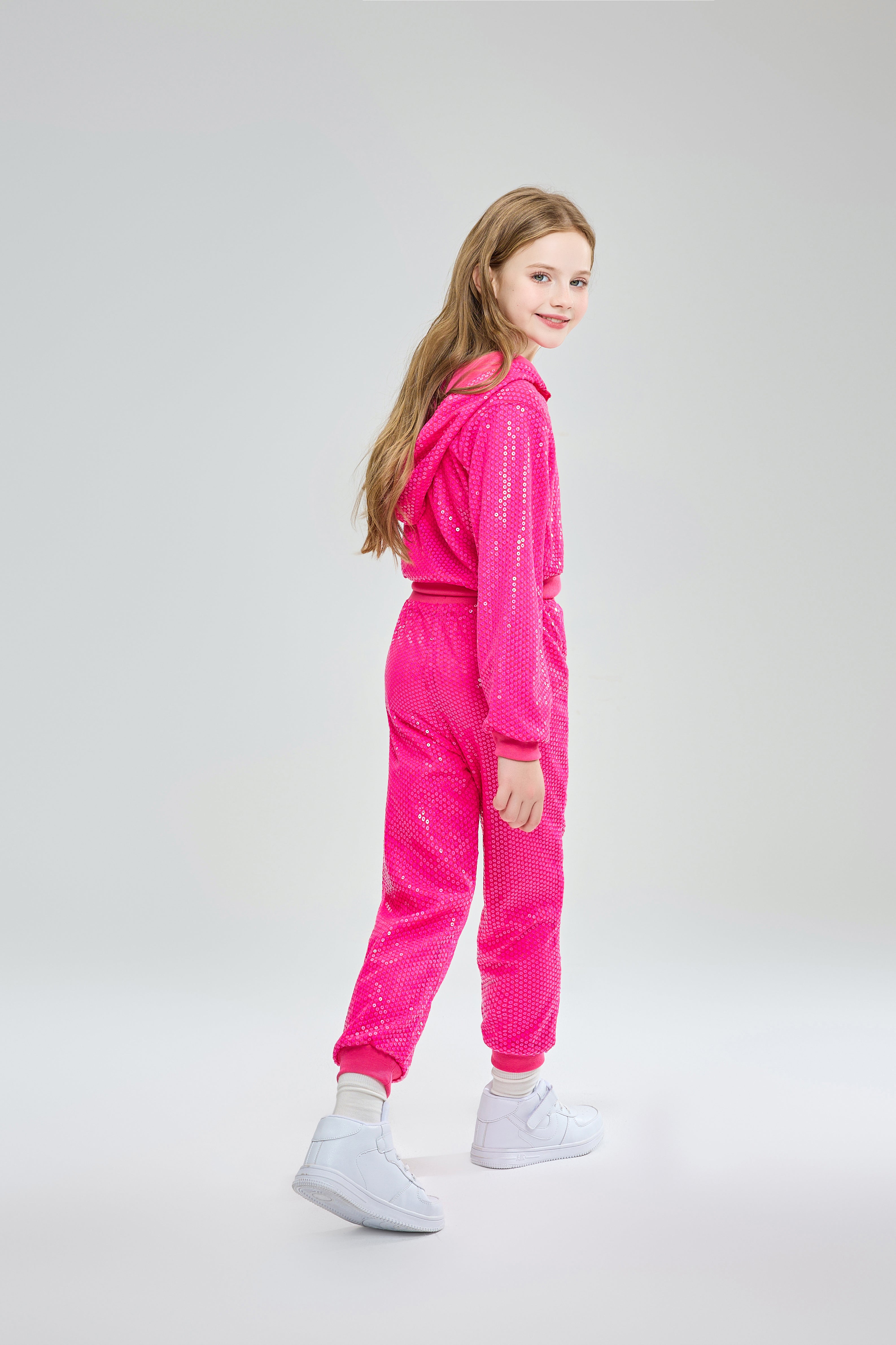 Girls 2Pcs Cropped Sequin Jacket Pants Set Hip Hop Dance Costumes