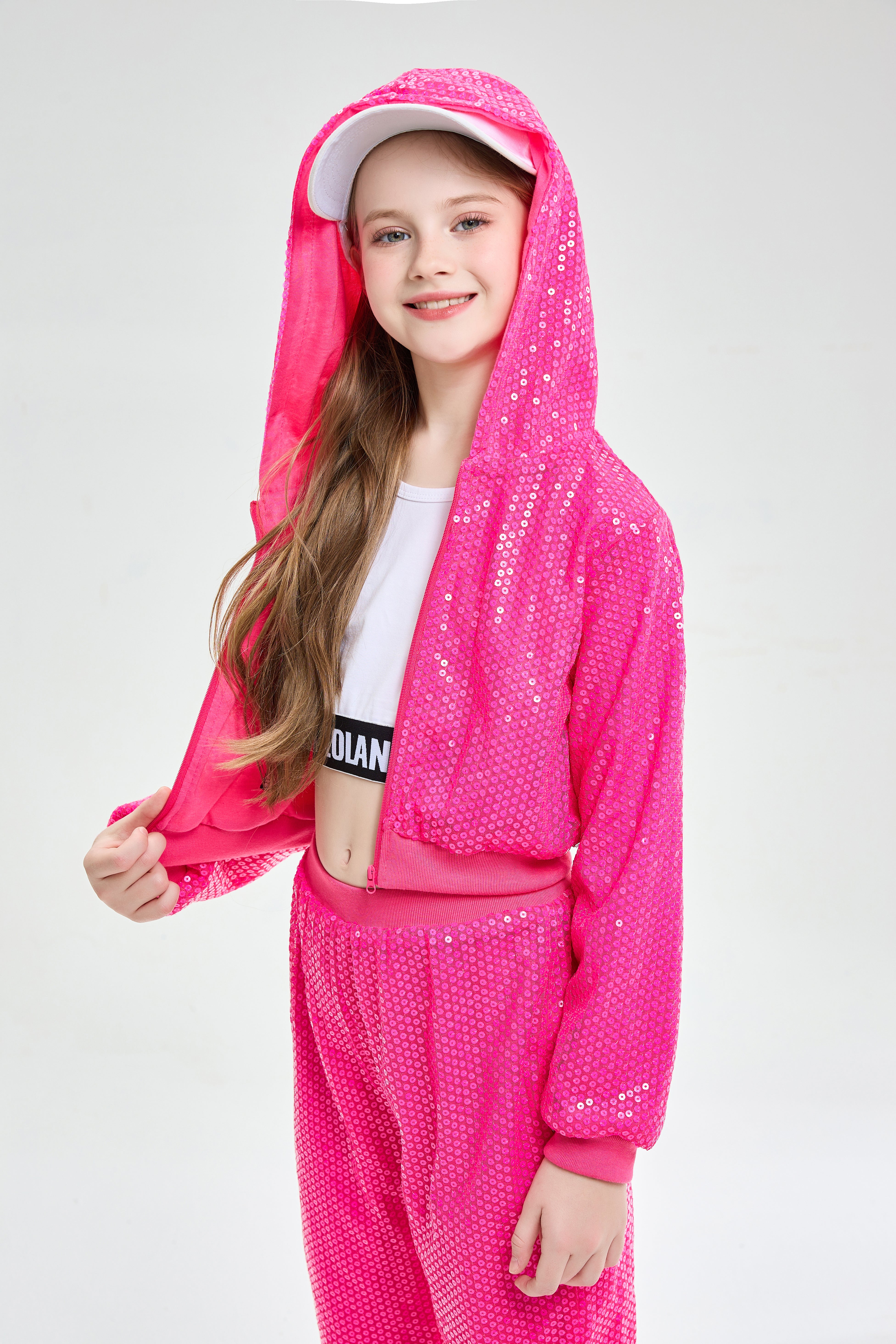 Girls 2Pcs Cropped Sequin Jacket Pants Set Hip Hop Dance Costumes