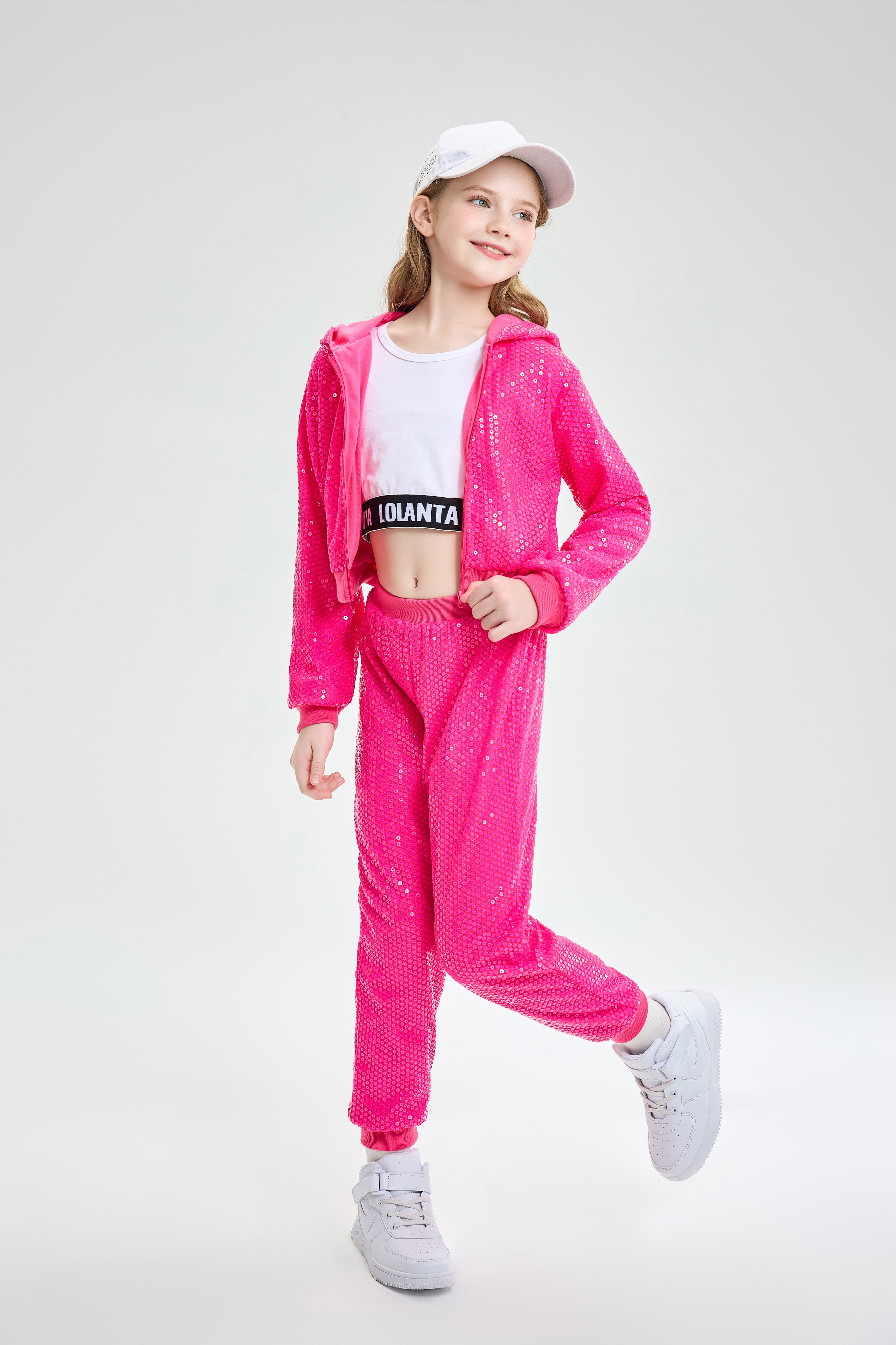 Girls 2Pcs Cropped Sequin Jacket Pants Set Hip Hop Dance Costumes