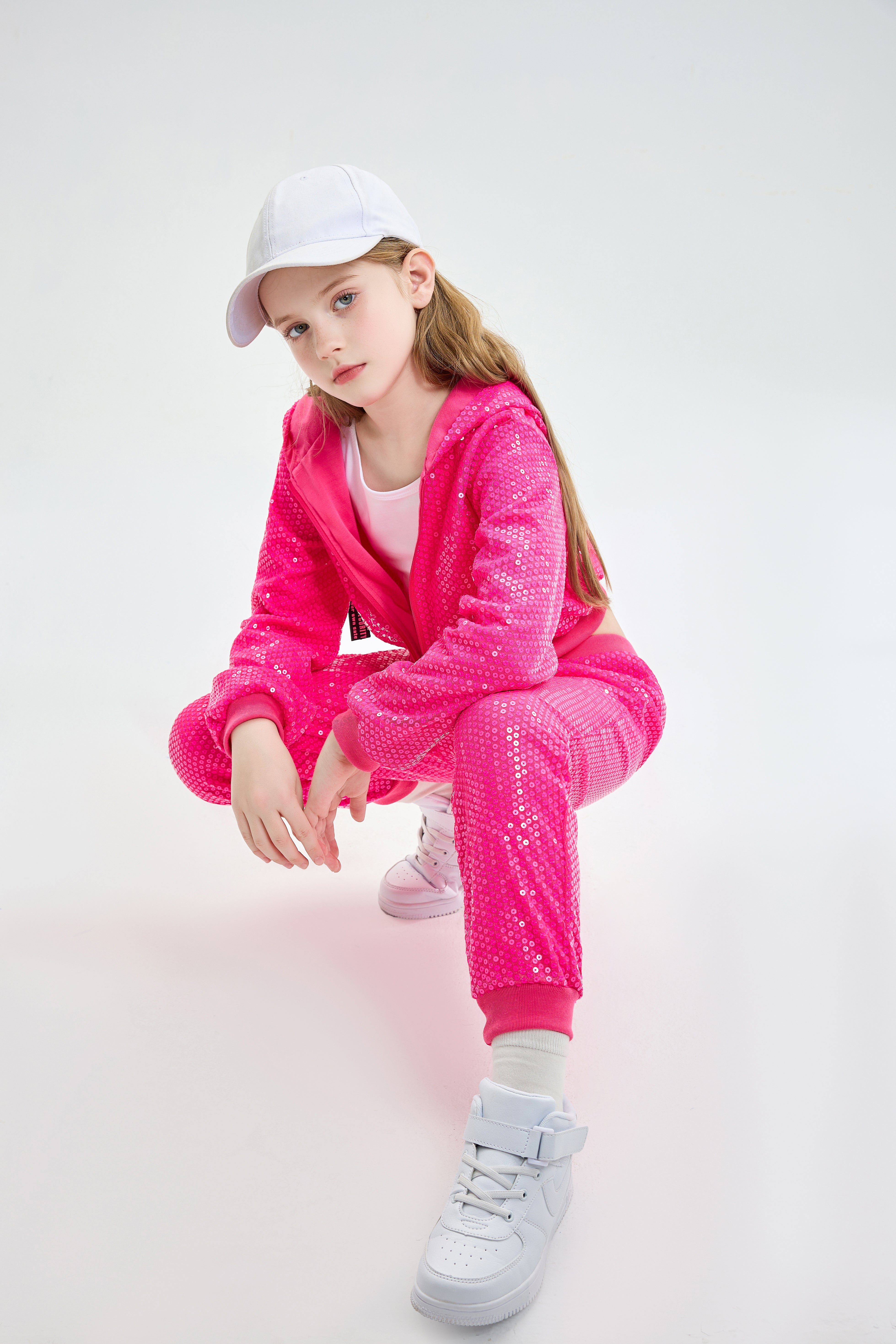 Girls 2Pcs Cropped Sequin Jacket Pants Set Hip Hop Dance Costumes