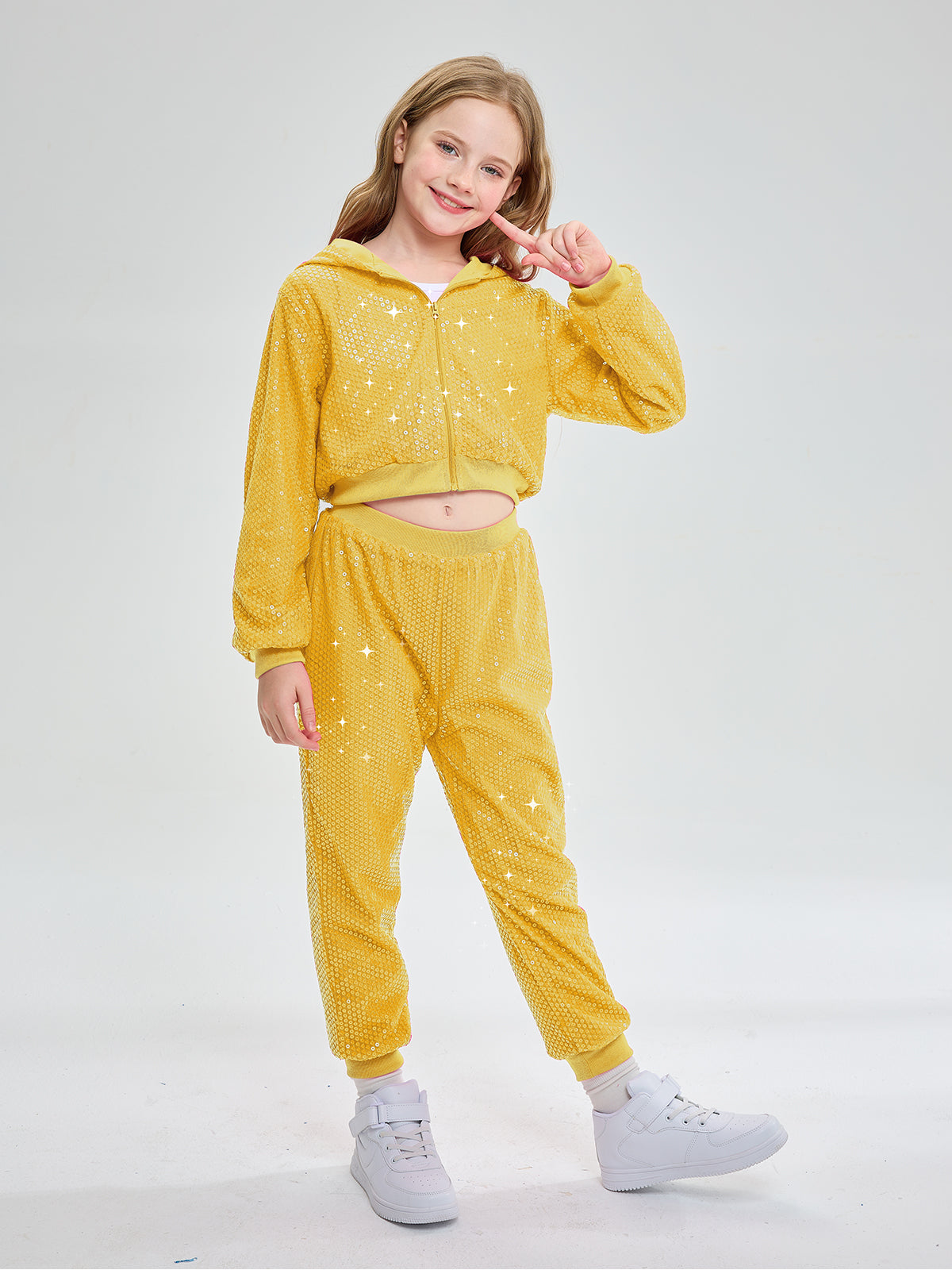 Girls 2Pcs Cropped Sequin Jacket Pants Set Hip Hop Dance Costumes