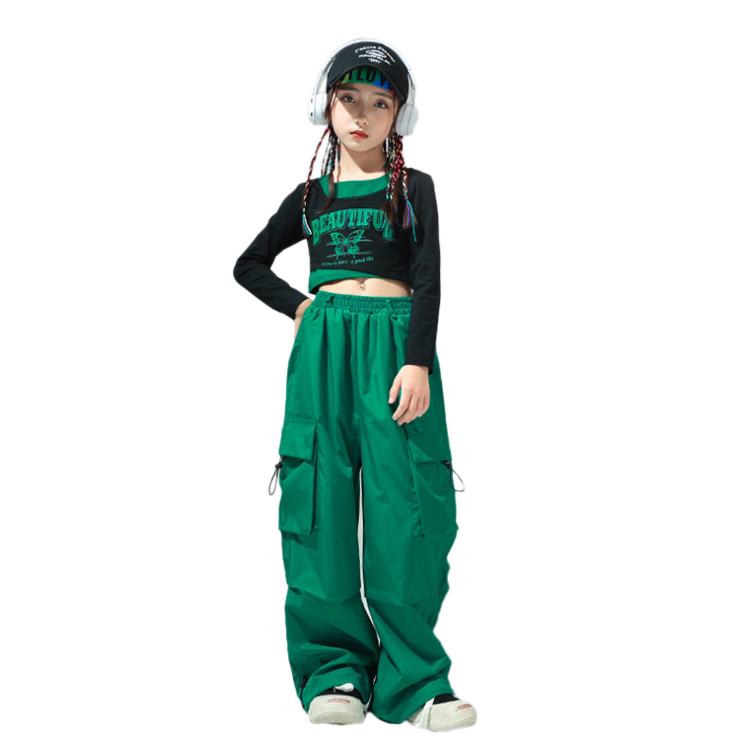 Girls 2 Piece Hip Hop Dance Outfits Long Sleeve Crop Top Cargo Pants Set