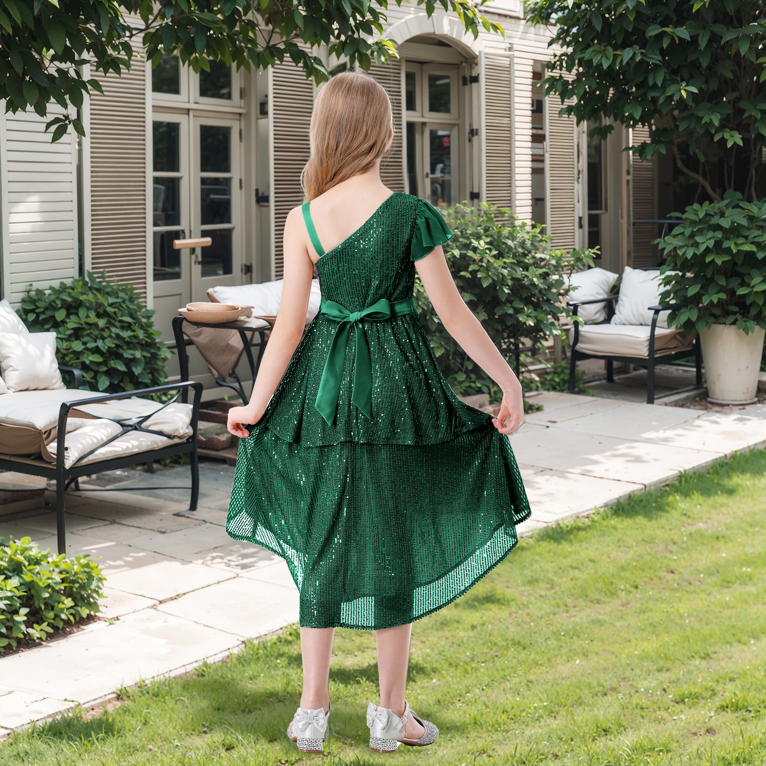 Girls Sequin Dress One Shoulder Layered Sparkle High Low Dresses