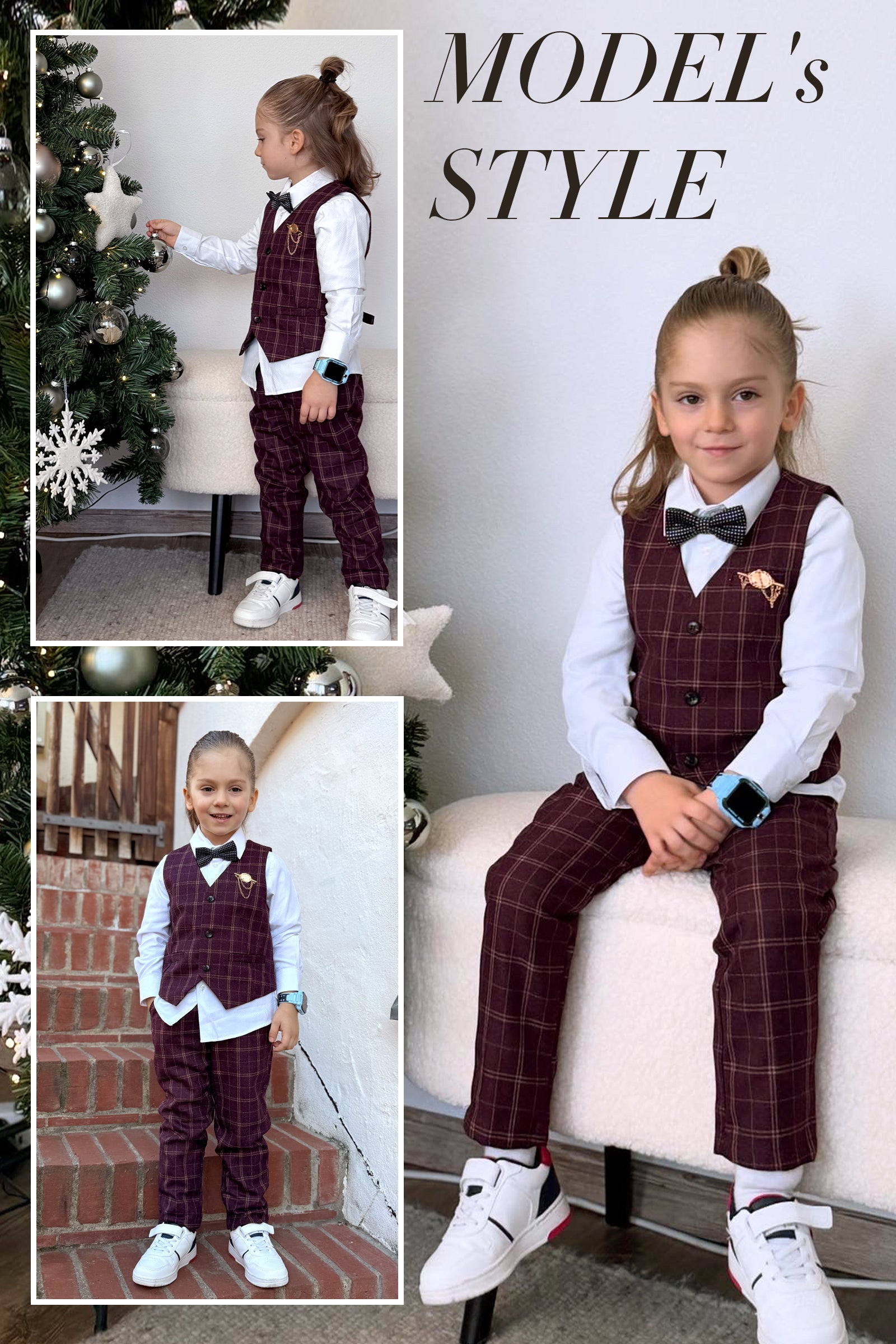 Boys Vest Pants Set Plaid Dress Suit with Shirt