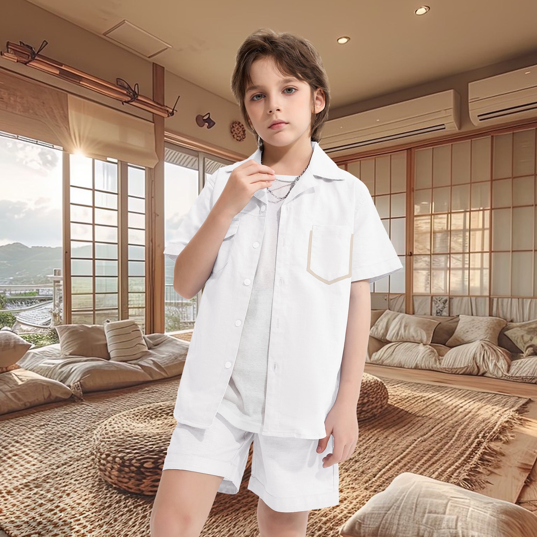 Boys 2 Pieces Linen Set kids Summer Vacation Outfits