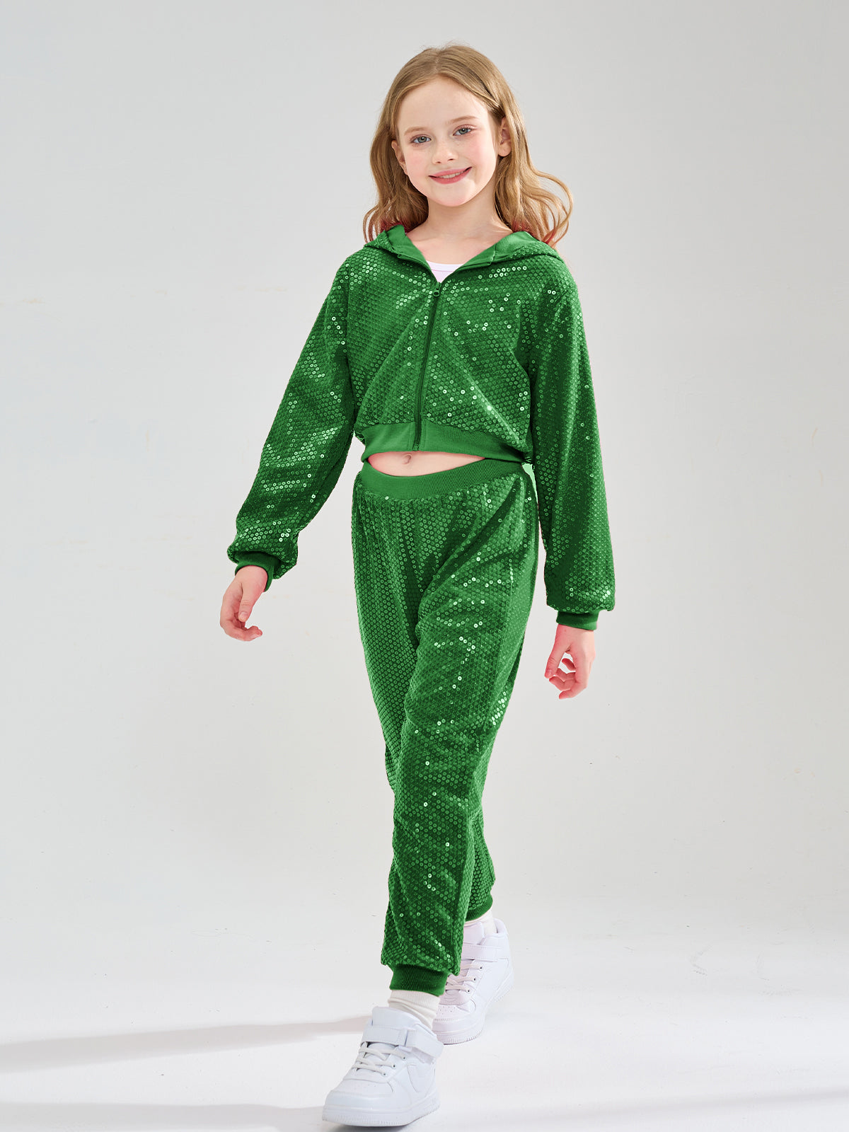 Girls 2Pcs Cropped Sequin Jacket Pants Set Hip Hop Dance Costumes