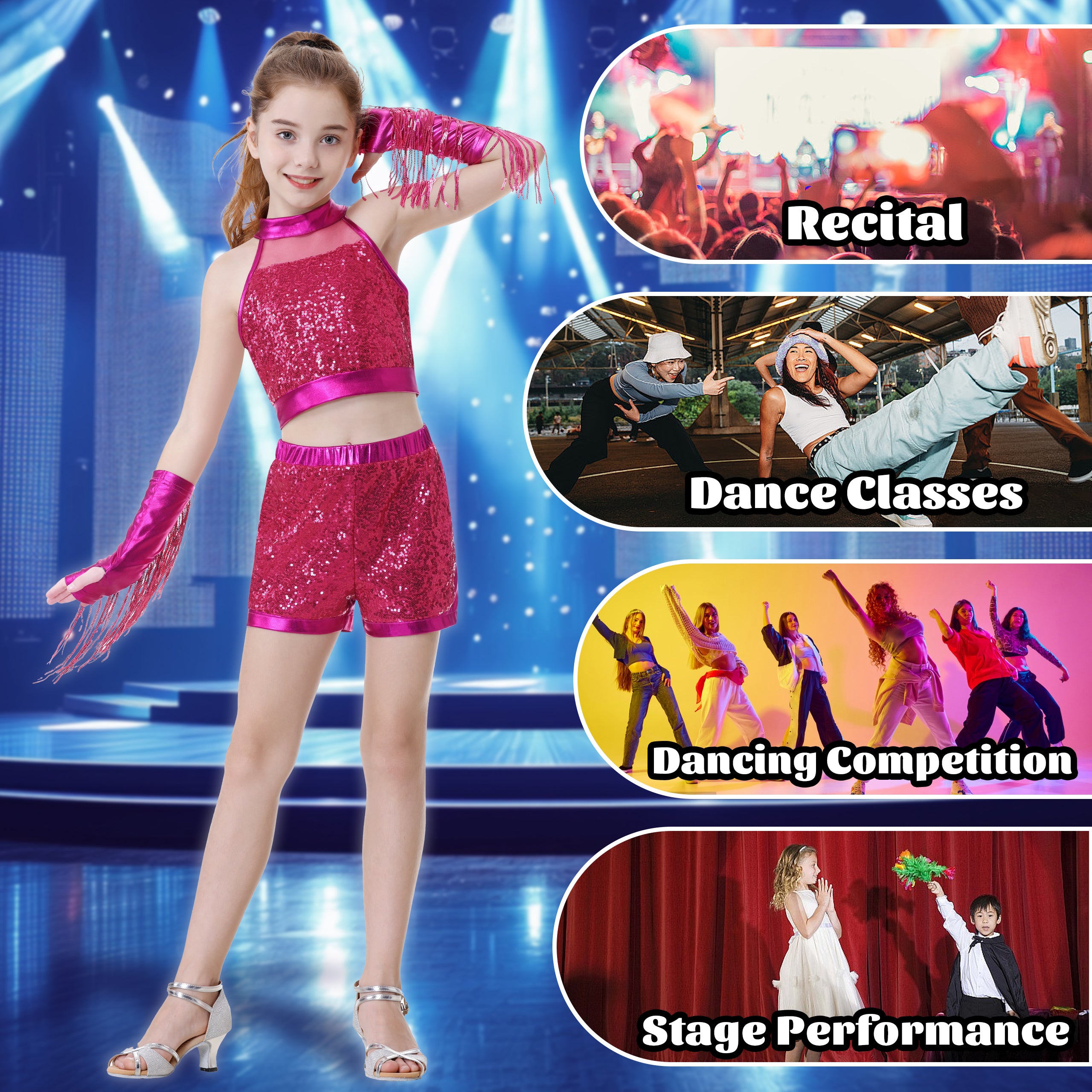 Girls’ Sequin Dance Outfit Crop Sequin Top Metallic Shorts with Tassel Arm Sleeves