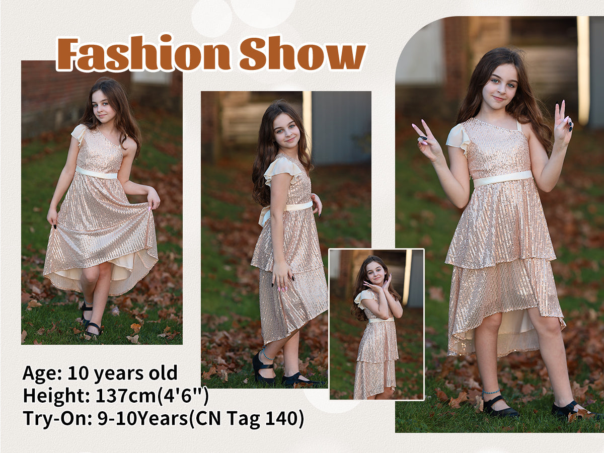 Girls Sequin Dress One Shoulder Layered Sparkle High Low Dresses