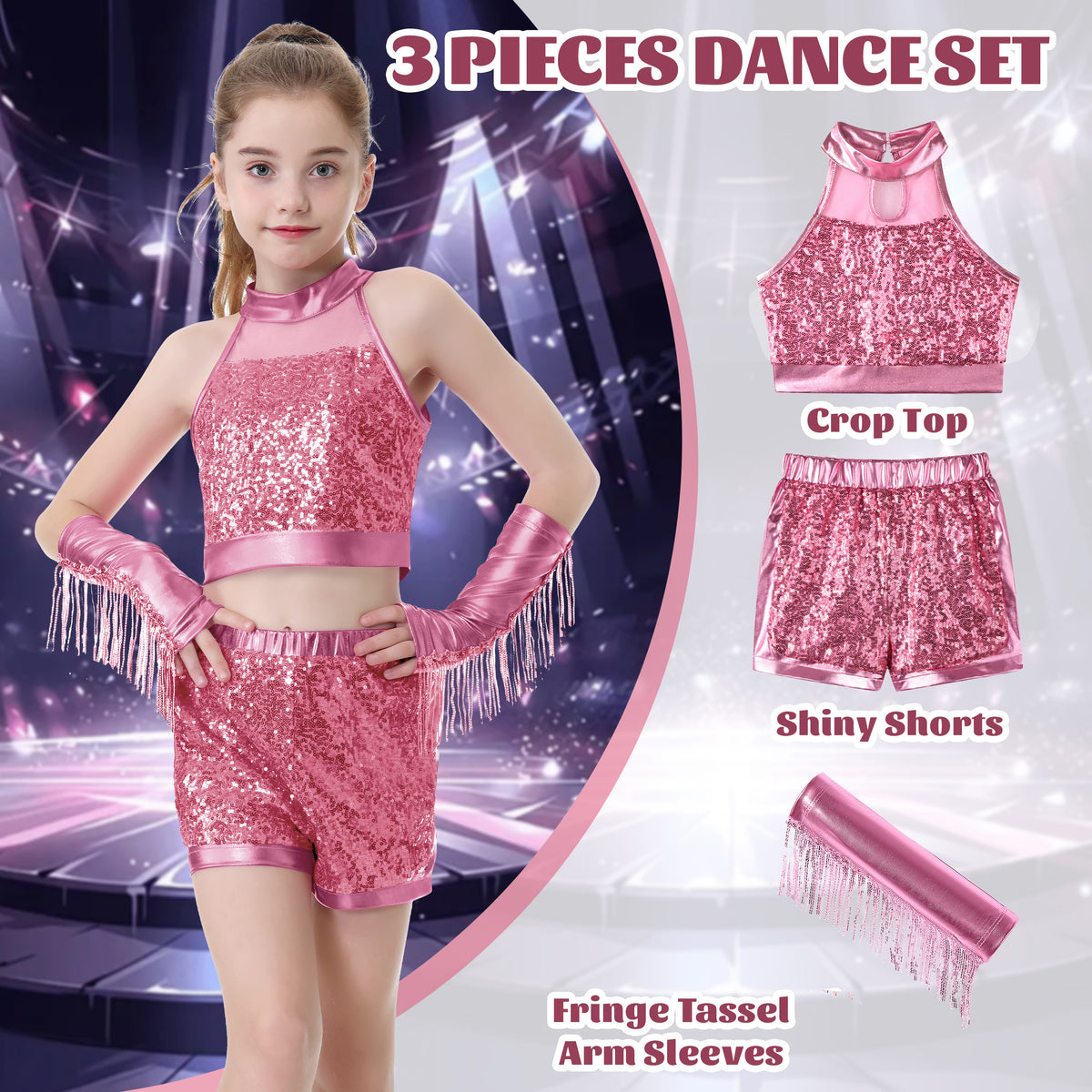 Girls’ Sequin Dance Outfit Crop Sequin Top Metallic Shorts with Tassel Arm Sleeves