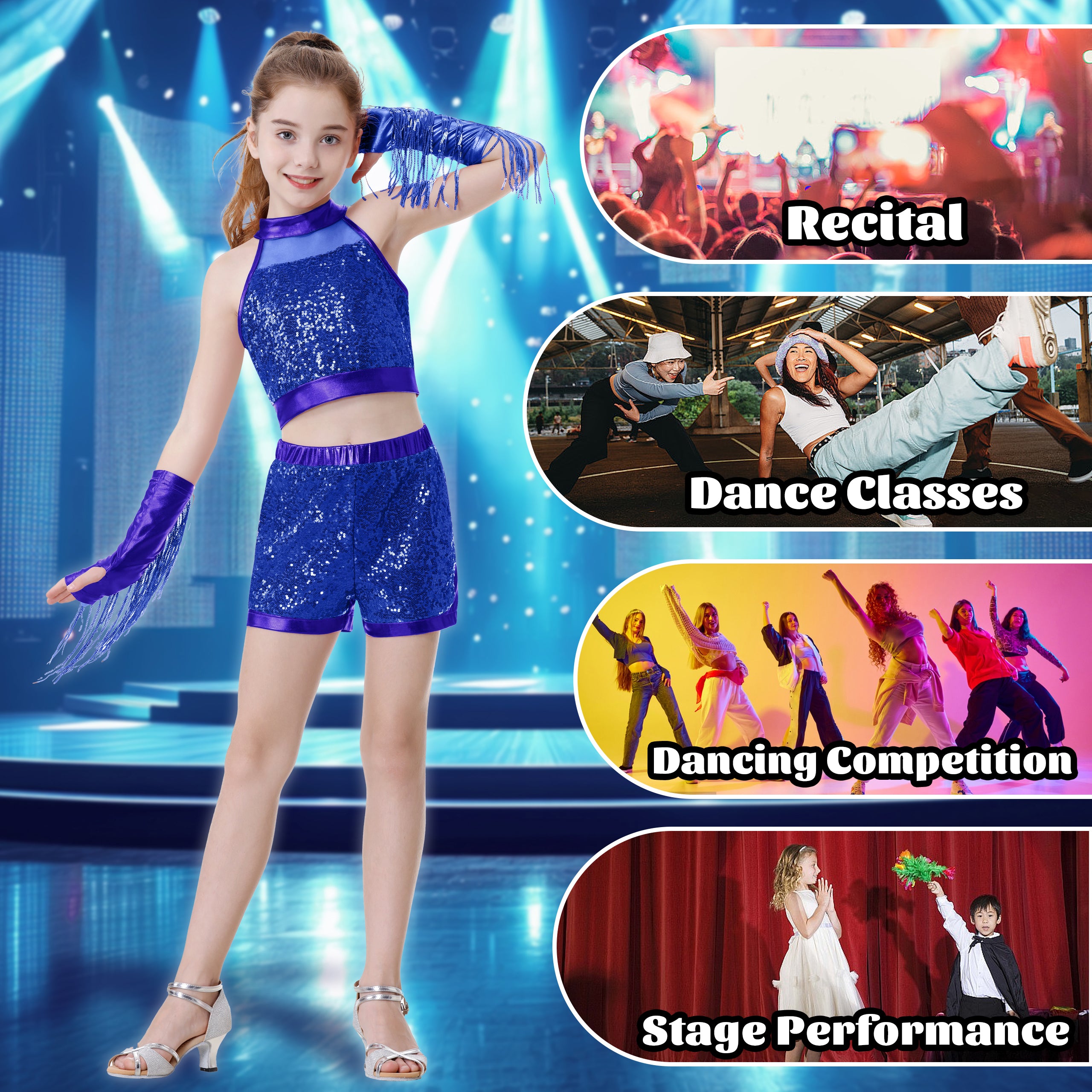 Girls’ Sequin Dance Outfit Crop Sequin Top Metallic Shorts with Tassel Arm Sleeves