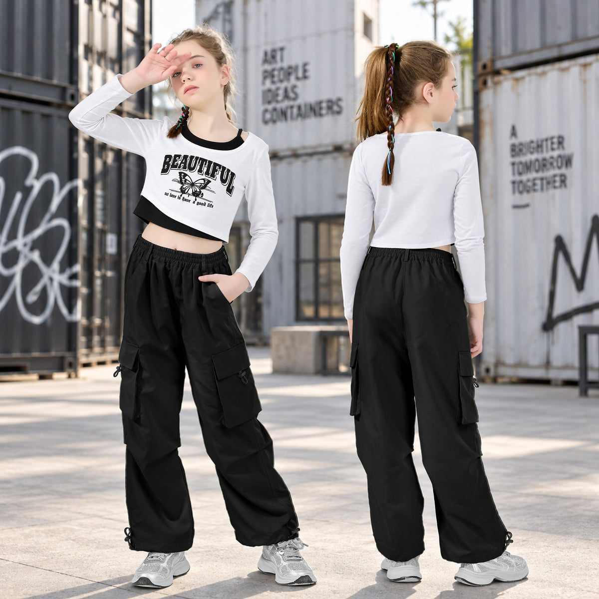 Conjunto de 2 piezas de baile hip hop para niñas, top corto de manga larga y pantalones cargo