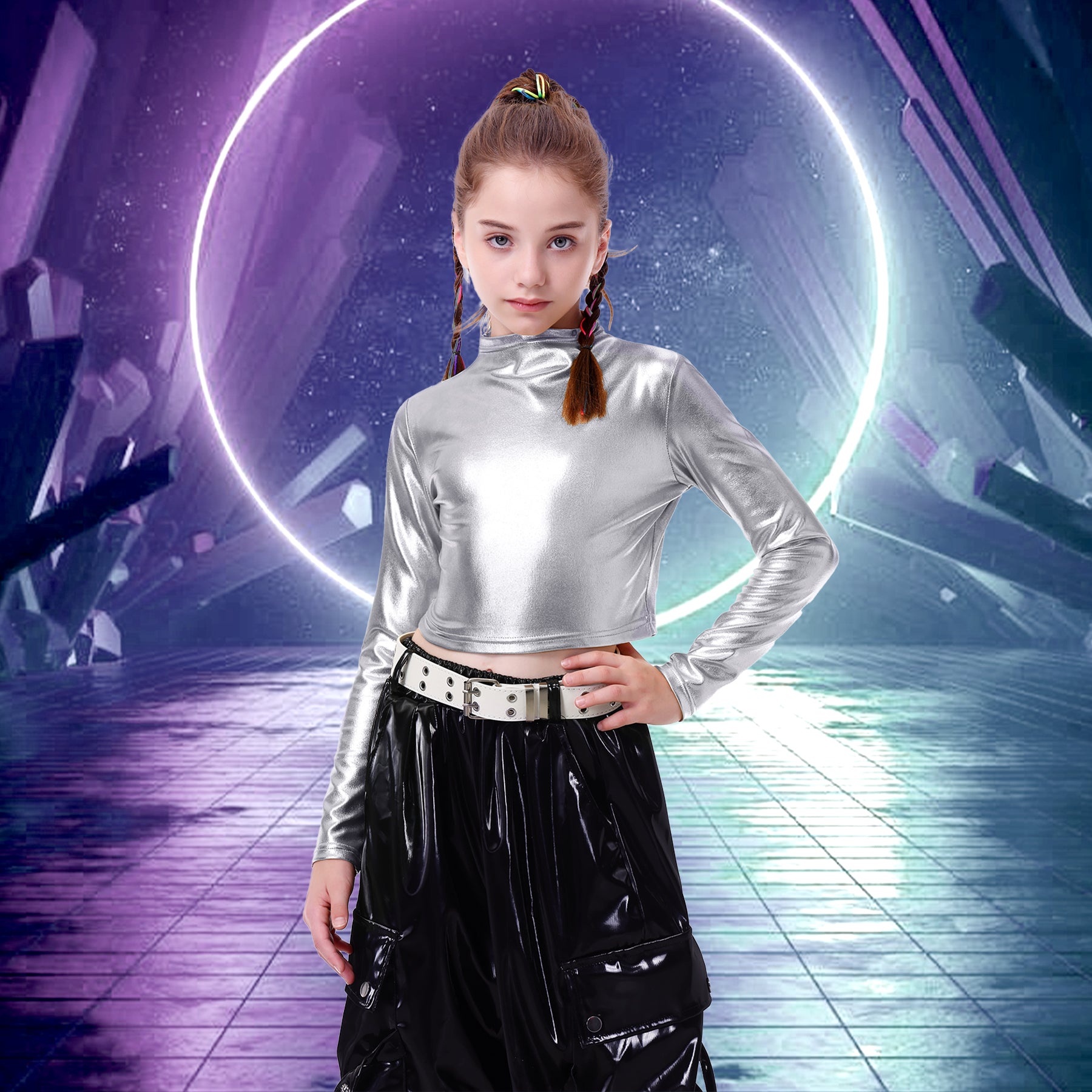 Metallic Dance Tops for Girls Long Sleeve Cropped Top